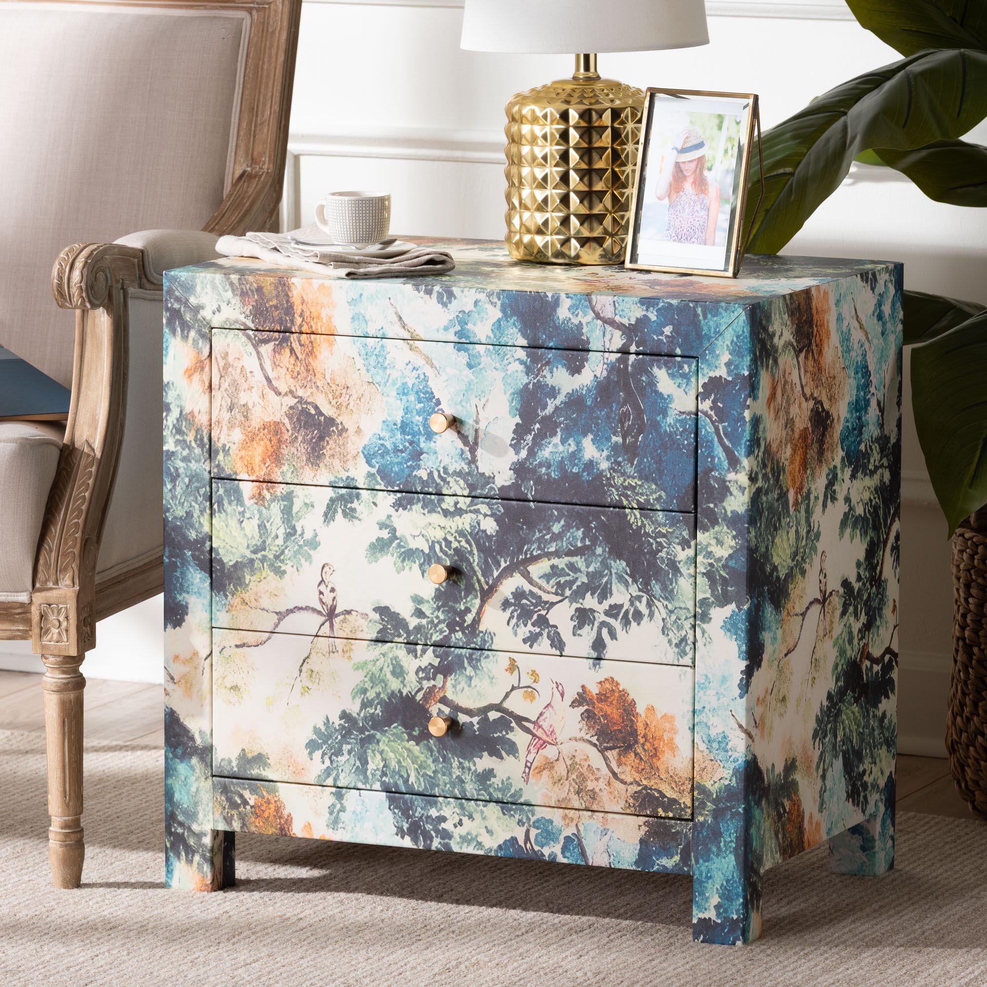 Adeline End Table with Printed Nature Motif - 3-Drawer Storage Cabinet with Gold Knobs