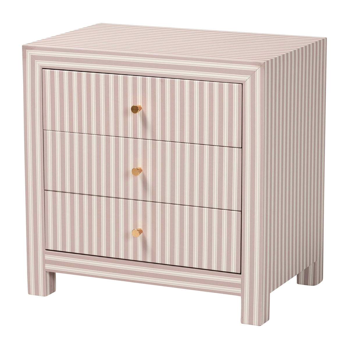 Javianne End Table with Striped Faux Leather - 3-Drawer Storage Cabinet with Gold Knobs