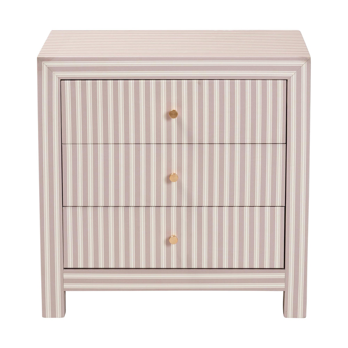 Javianne End Table with Striped Faux Leather - 3-Drawer Storage Cabinet with Gold Knobs