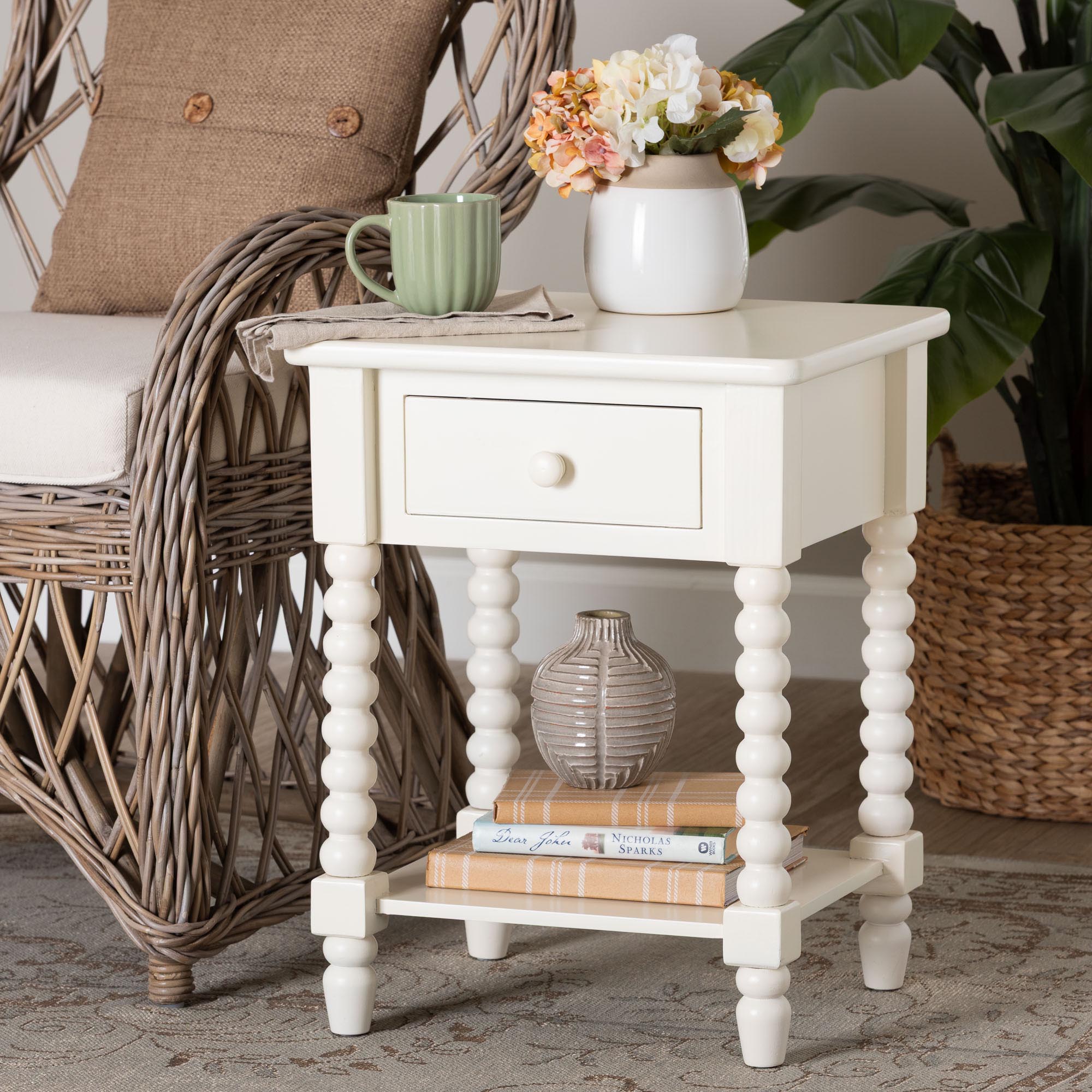 Raynera End Table with Bobbin Legs - 1-Drawer Accent Table with Spindle Turned Legs and Open Shelf, Cottage Farmhouse Style Side Table for Living Room