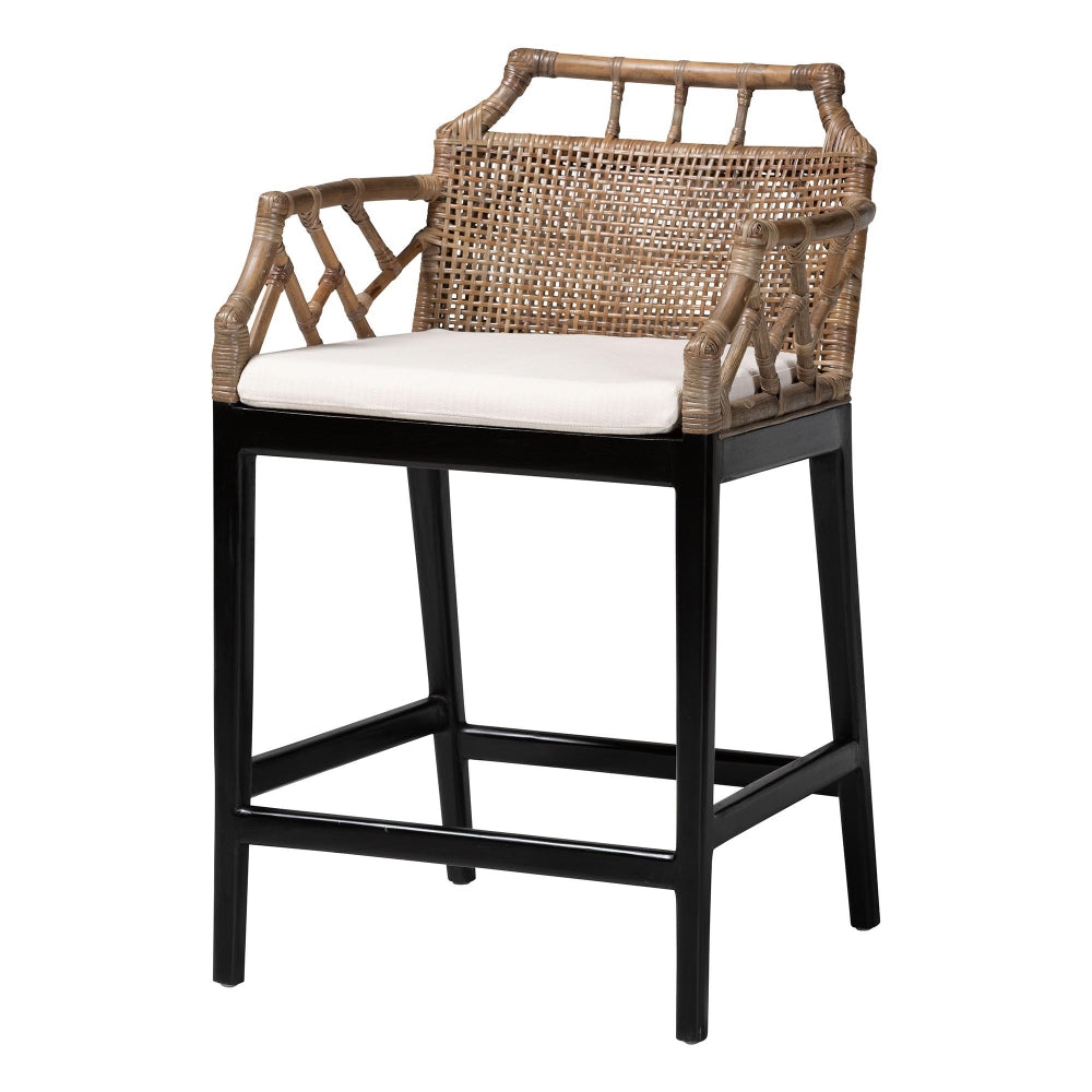 Abiel Natural Rattan Counter Stool with Arms and Removable Cushion - Handwoven Wicker Stool with Mahogany Wood Frame, Coastal Boho Seating for Kitchen or Dining Area