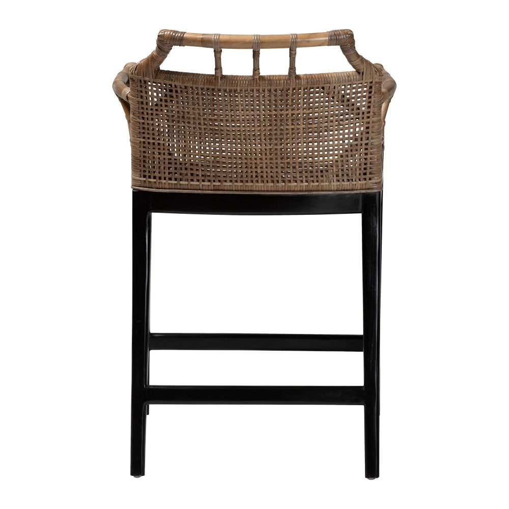 Abiel Natural Rattan Counter Stool with Arms and Removable Cushion - Handwoven Wicker Stool with Mahogany Wood Frame, Coastal Boho Seating for Kitchen or Dining Area