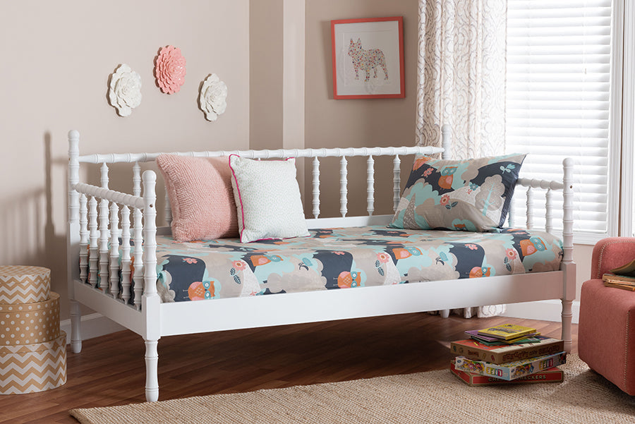 Laurent Daybed - Spindle Platform Bed Frame with Bamboo-Style Turned Posts, Classic Cottage Farmhouse Furniture, Twin, White