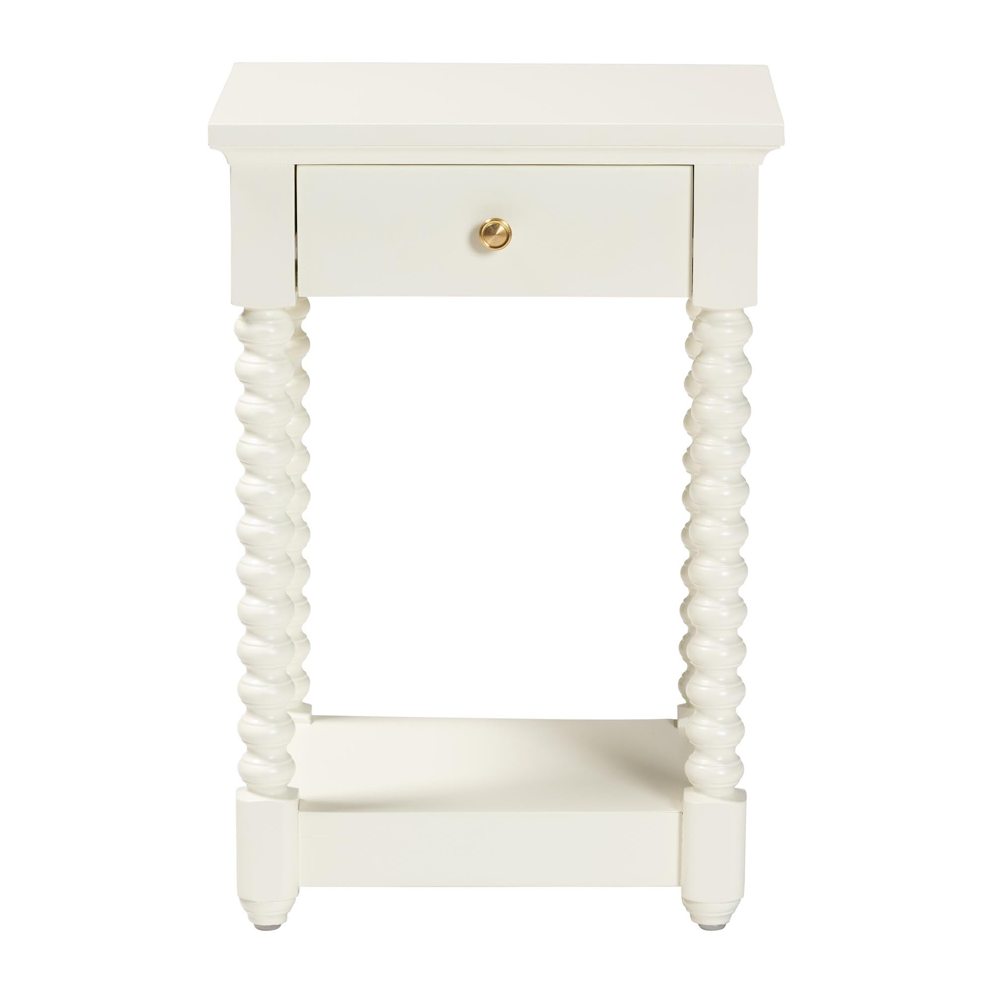 Terentia Nightstand with Bobbin Legs - 1-Drawer Bedroom Side Table with Storage Shelf, White