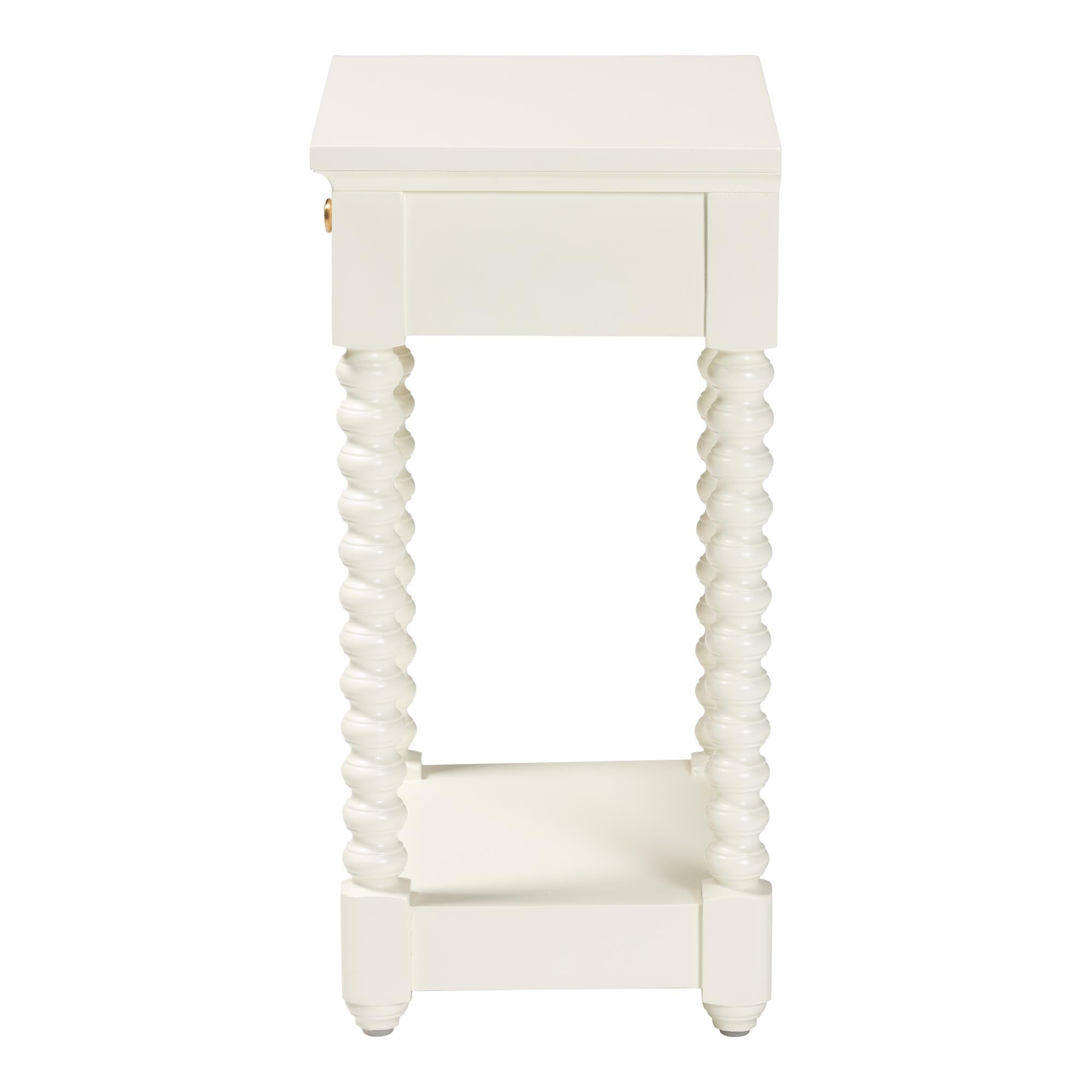 Terentia Nightstand with Bobbin Legs - 1-Drawer Bedroom Side Table with Storage Shelf, White