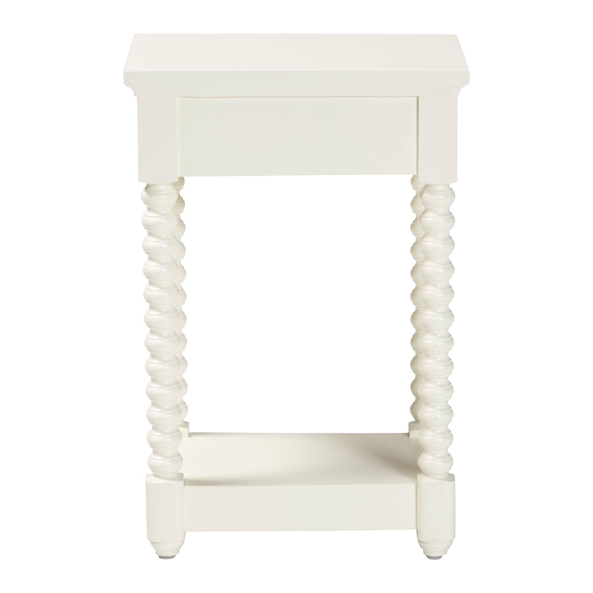 Terentia Nightstand with Bobbin Legs - 1-Drawer Bedroom Side Table with Storage Shelf, White