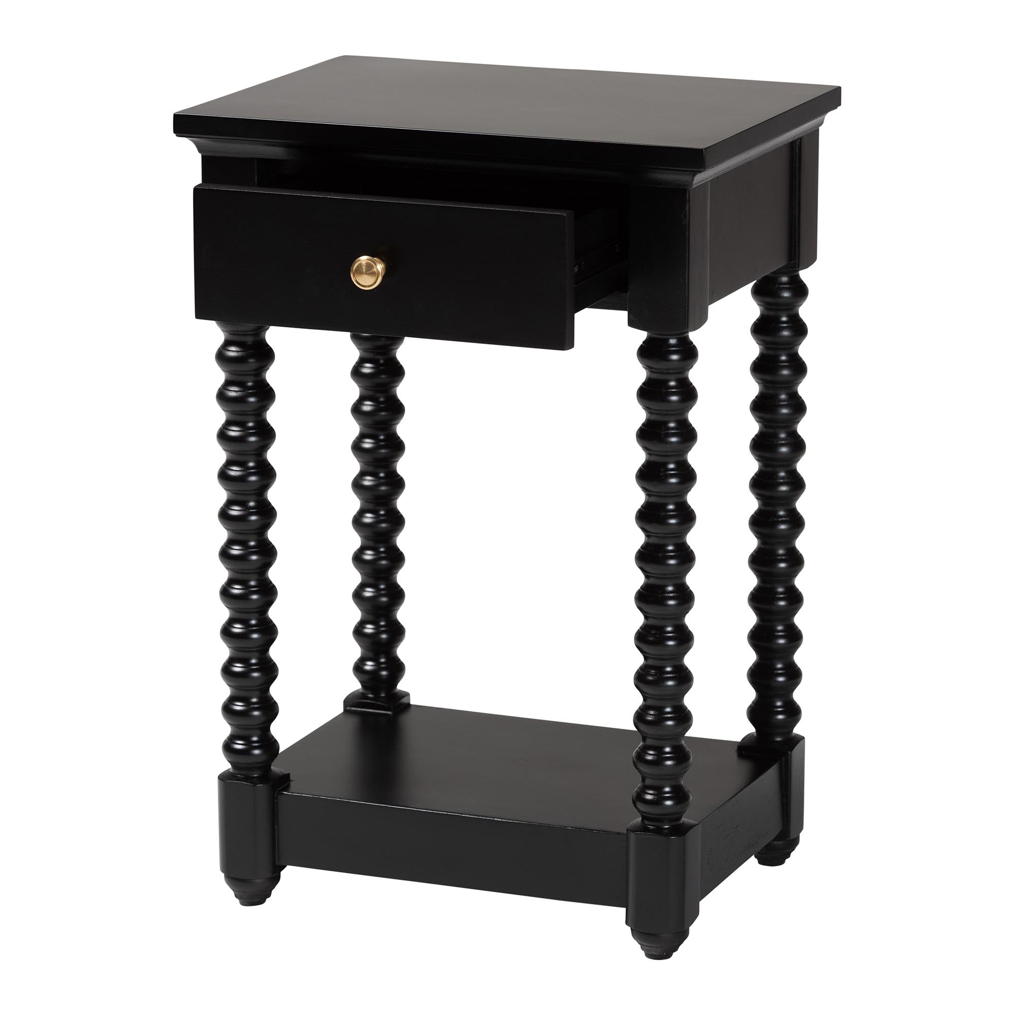 Terentia Nightstand with Bobbin Legs - 1-Drawer Bedroom Side Table with Storage Shelf, Black
