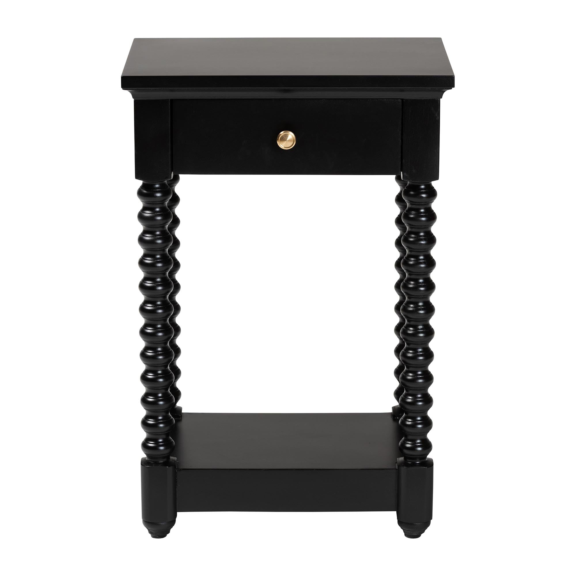 Terentia Nightstand with Bobbin Legs - 1-Drawer Bedroom Side Table with Storage Shelf, Black