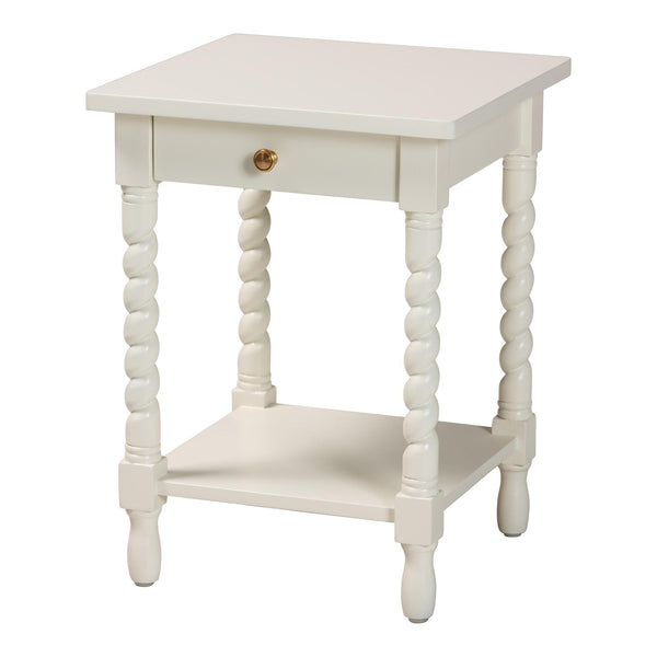 Niklas Nightstand with Twisted Legs - 1-Drawer Bedroom Side Table with Storage Shelf, White