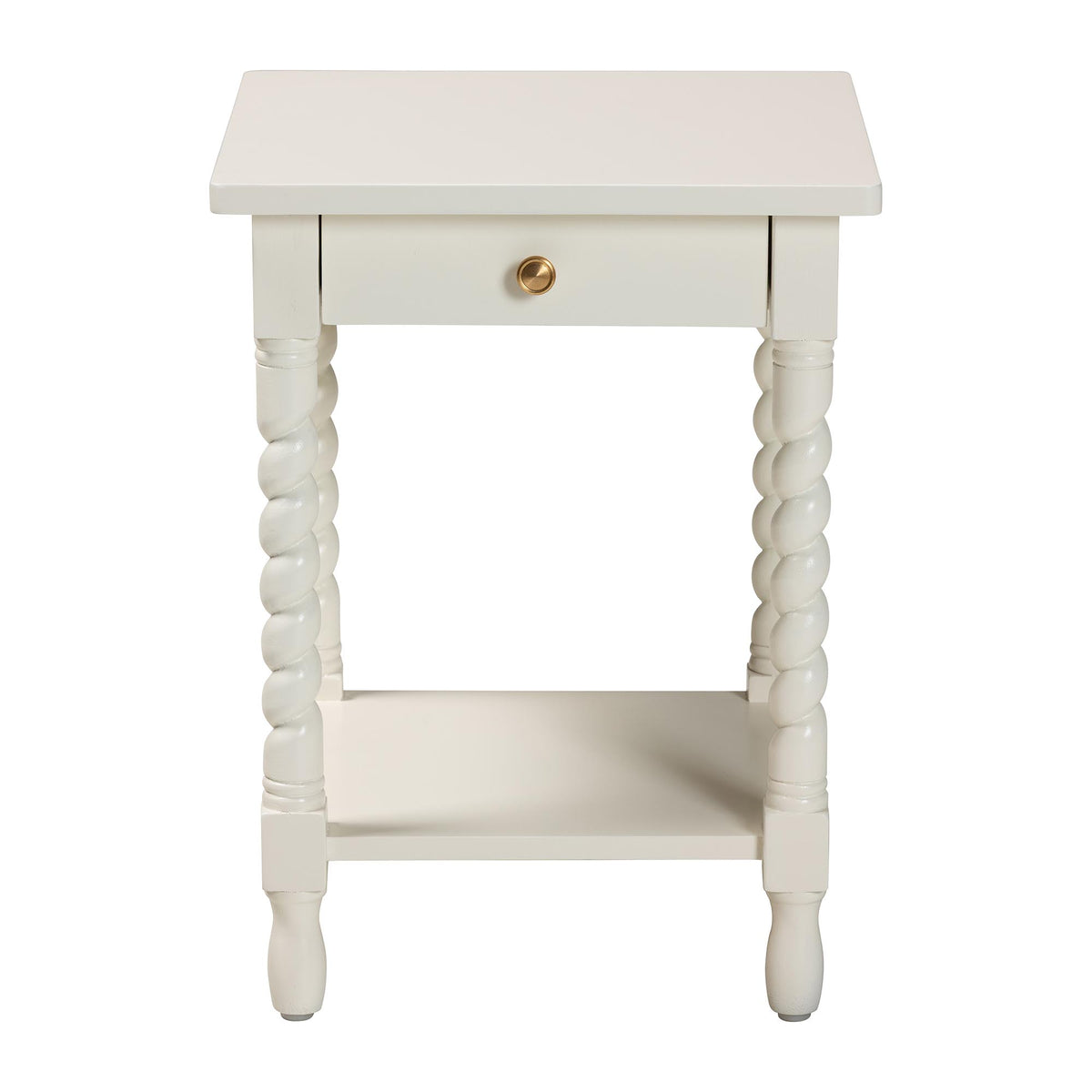 Niklas Nightstand with Twisted Legs - 1-Drawer Bedroom Side Table with Storage Shelf, White