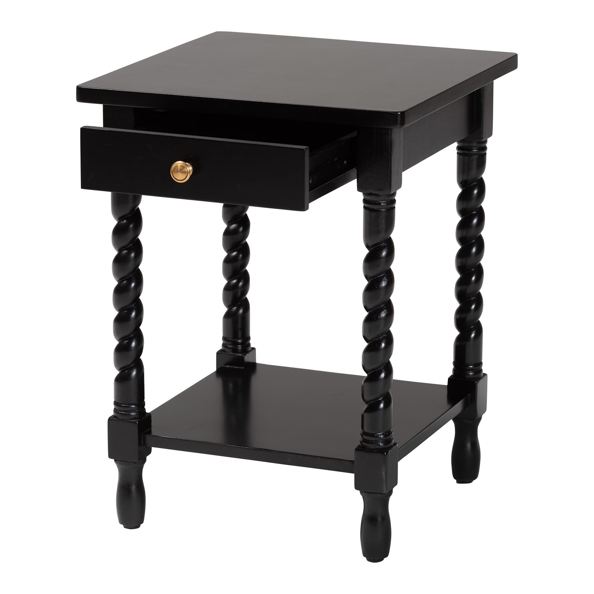 Niklas Nightstand with Twisted Legs - 1-Drawer Bedroom Side Table with Storage Shelf, Black