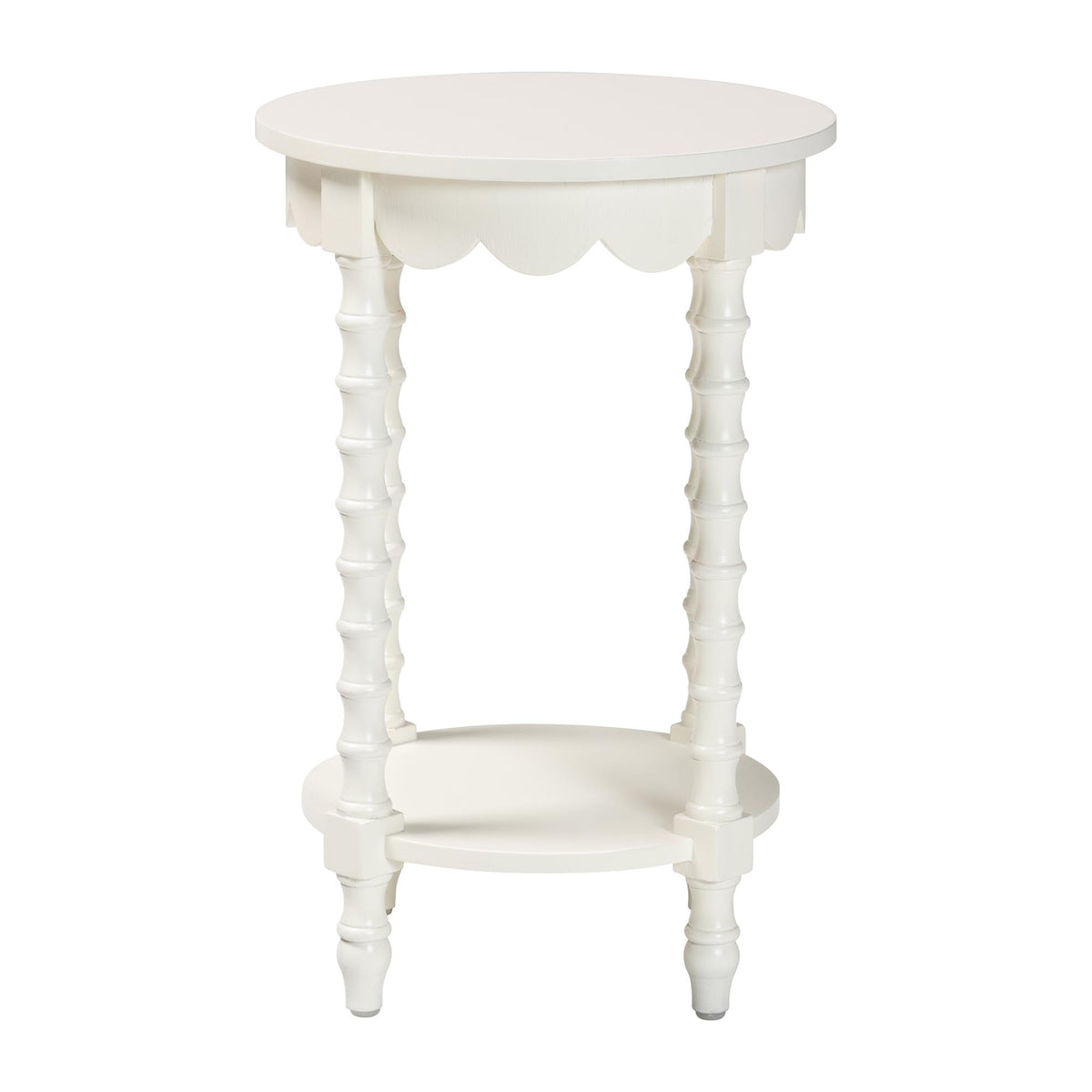 Sally Round Nightstand with Bamboo Inspired Legs - Scalloped Bedroom Side Table with Open Shelf, White