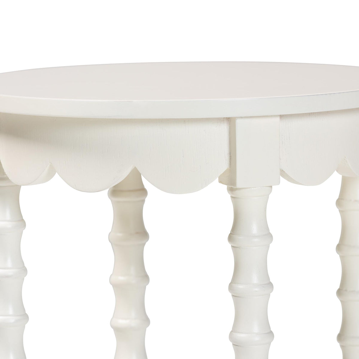Sally Round Nightstand with Bamboo Inspired Legs - Scalloped Bedroom Side Table with Open Shelf, White