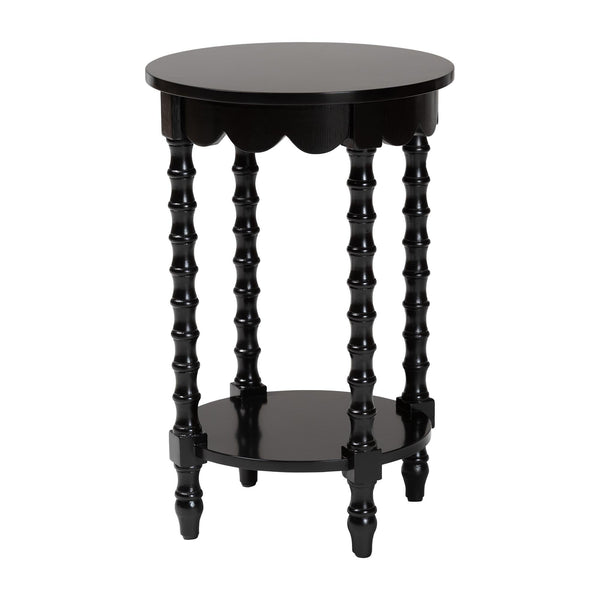 Sally Round Nightstand with Bamboo Inspired Legs - Scalloped Bedroom Side Table with Open Shelf, Black