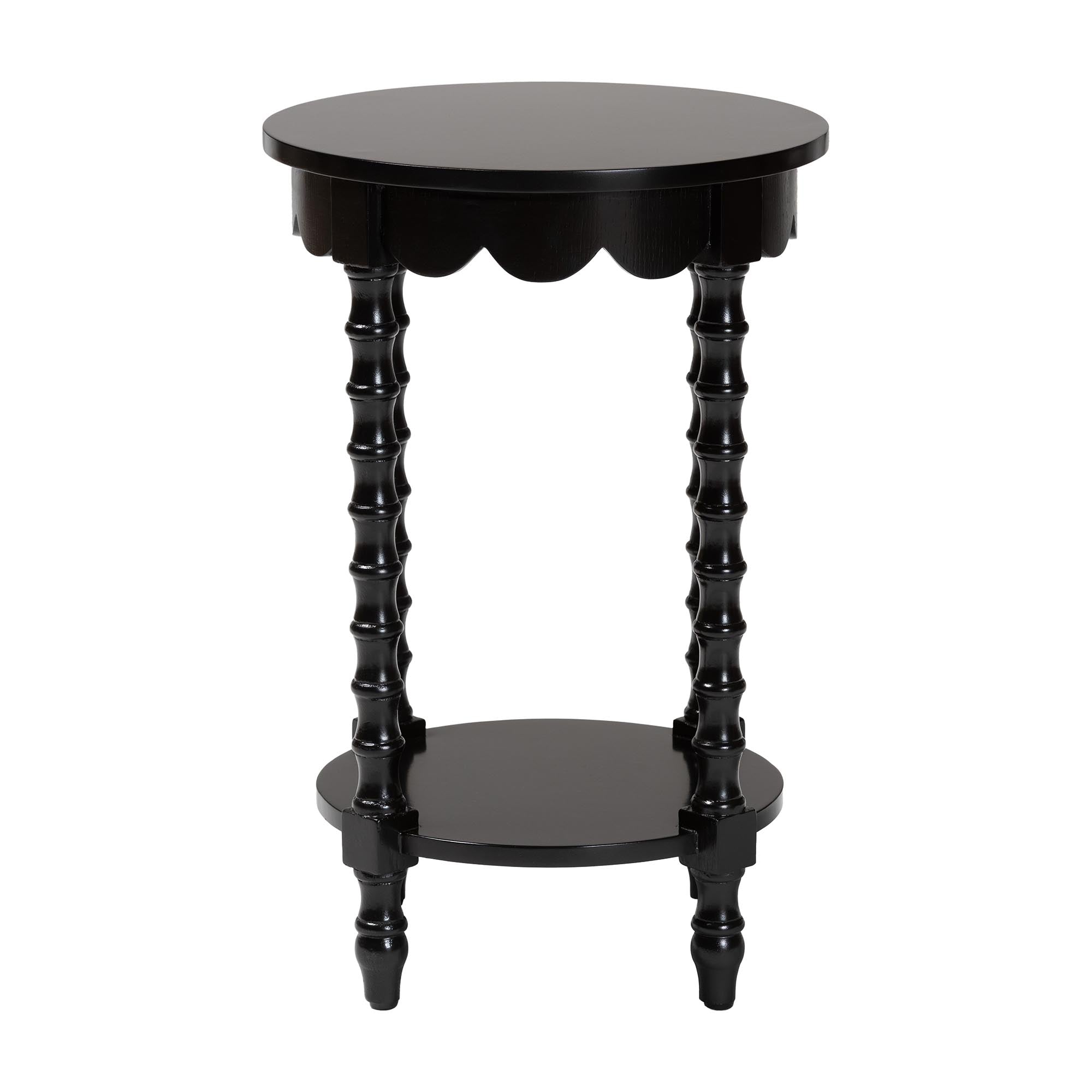 Sally Round Nightstand with Bamboo Inspired Legs - Scalloped Bedroom Side Table with Open Shelf, Black