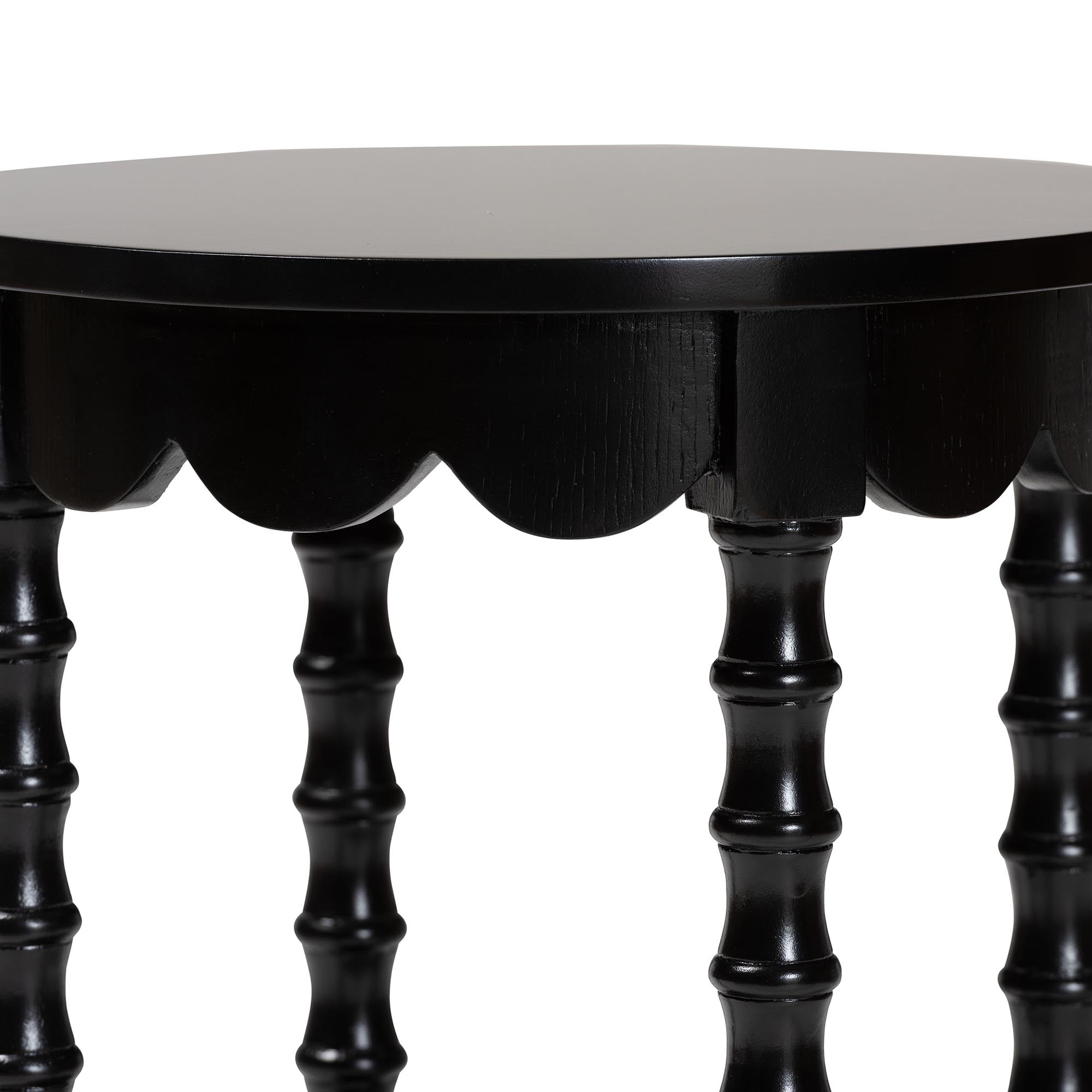 Sally Round Nightstand with Bamboo Inspired Legs - Scalloped Bedroom Side Table with Open Shelf, Black