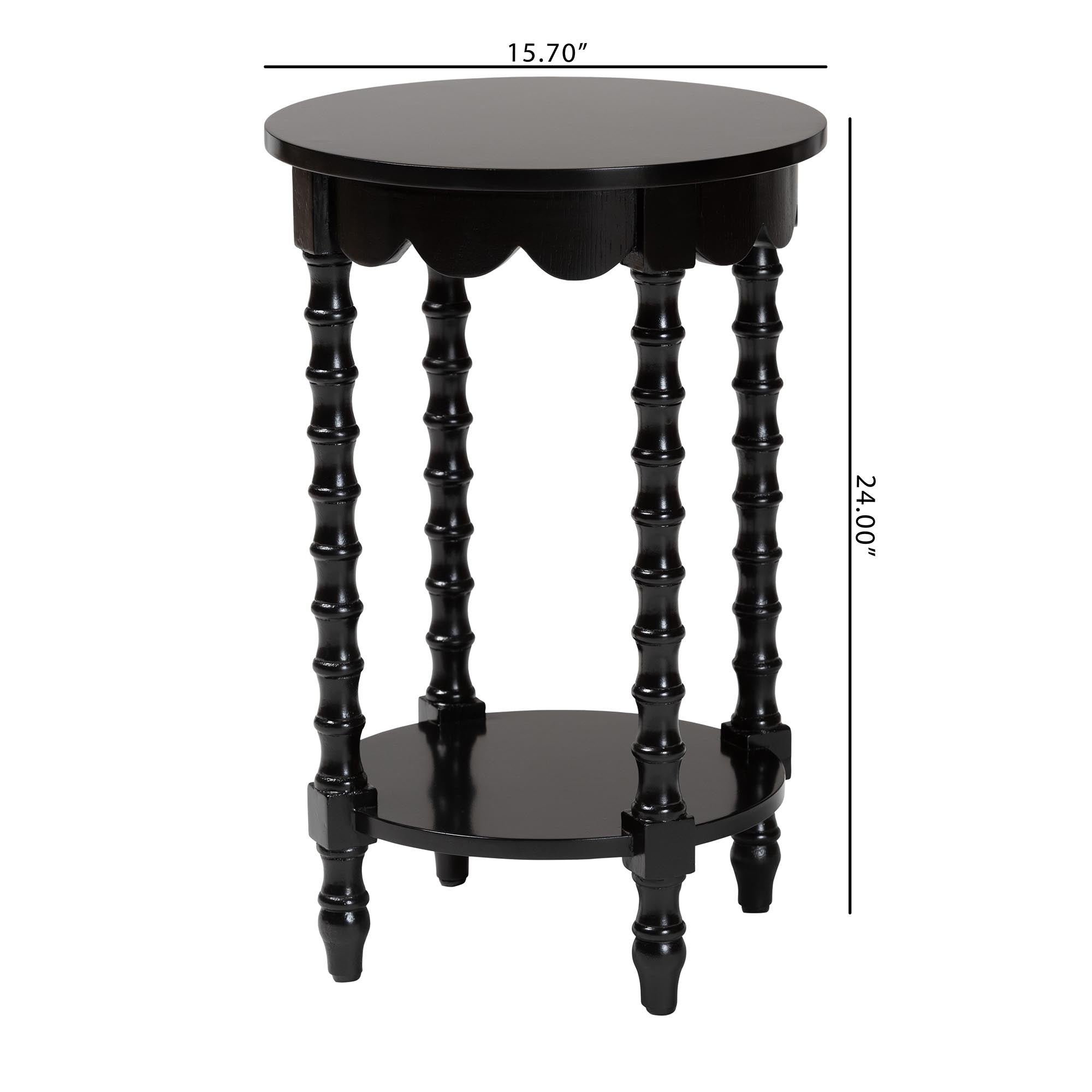 Sally Round Nightstand with Bamboo Inspired Legs - Scalloped Bedroom Side Table with Open Shelf, Black