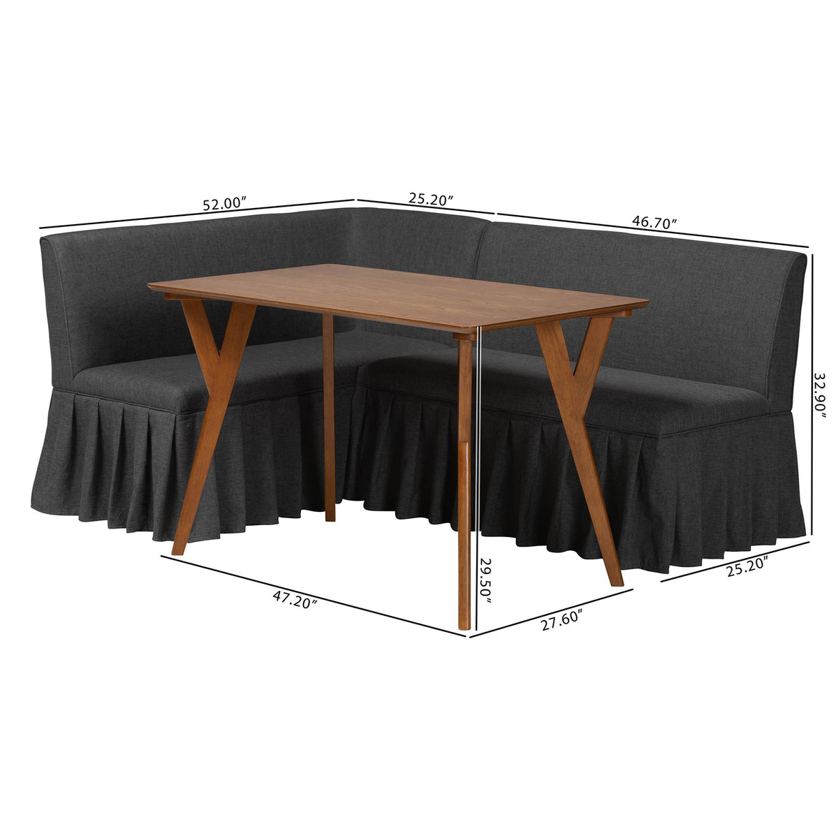 Randolph 3-Piece Fabric Upholstered Dining Nook Set - Corner Kitchen Banquette with Skirted Base, L-Shaped Breakfast Nook for Small Spaces, Dark Grey