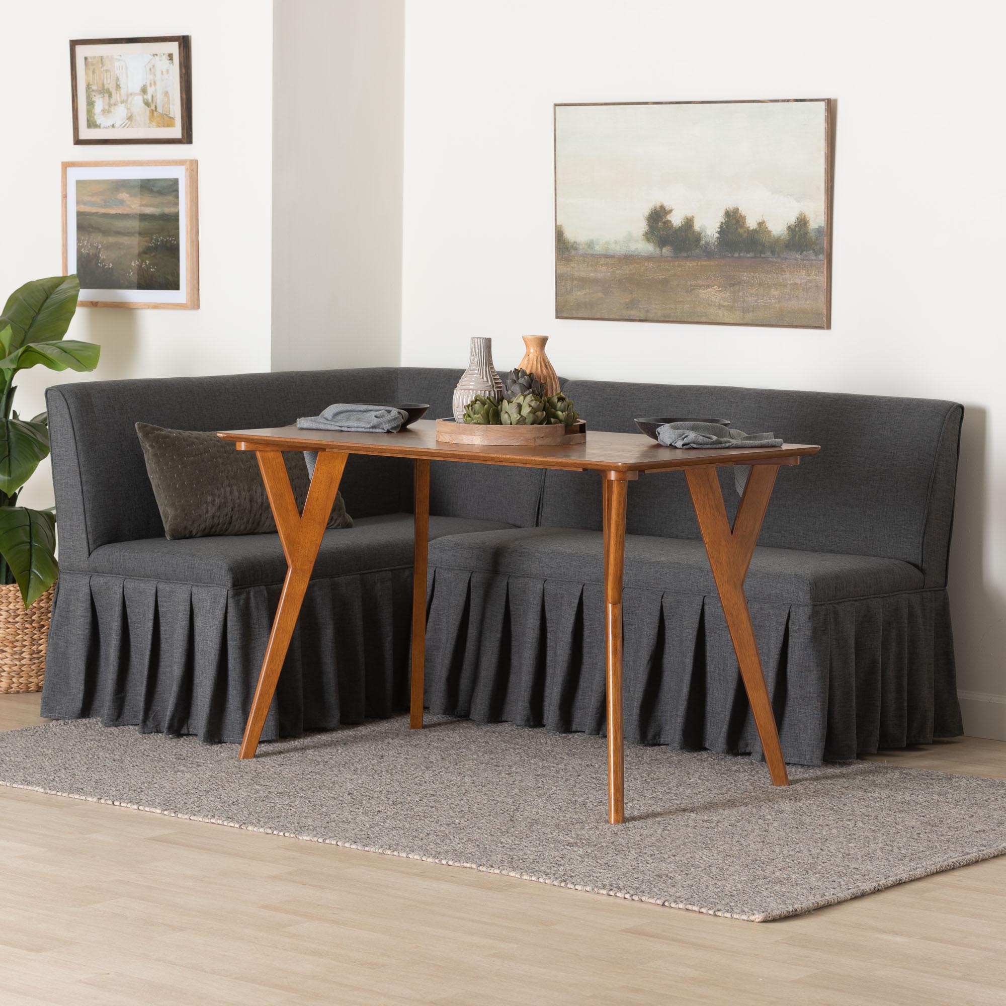Randolph 3-Piece Fabric Upholstered Dining Nook Set - Corner Kitchen Banquette with Skirted Base, L-Shaped Breakfast Nook for Small Spaces, Dark Grey