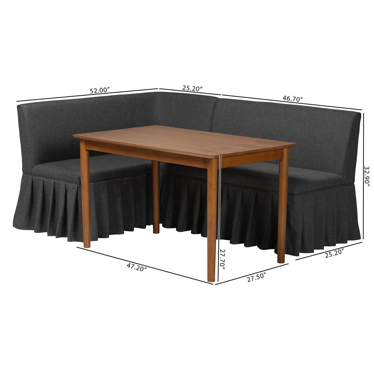 Richard 3-Piece Fabric Upholstered Dining Nook Set - Corner Kitchen Banquette with Skirted Base, L-Shaped Breakfast Nook for Small Spaces, Dark Grey