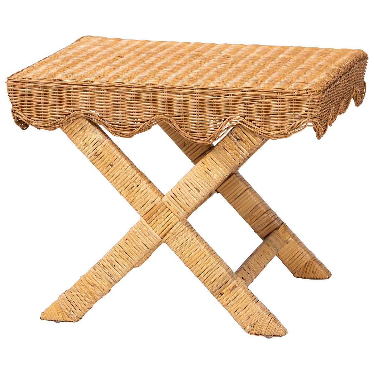 Modesta Natural Rattan Accent Bench - Handwoven Wicker Seating with Scalloped Apron and X-Frame Base, Coastal Boho Entryway or Bedroom Seating
