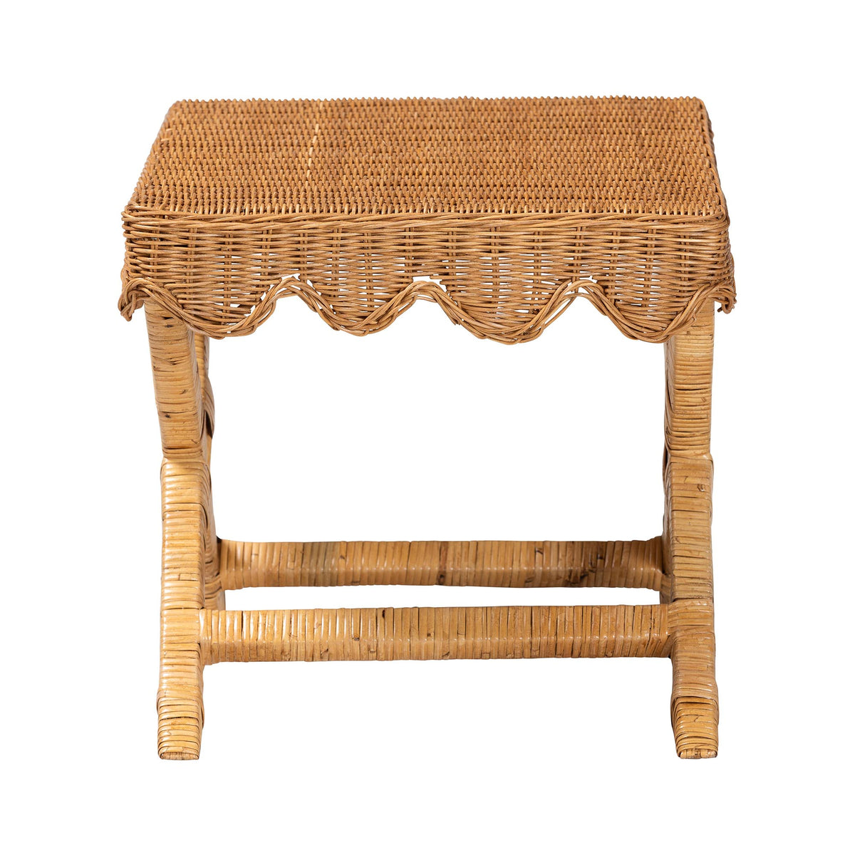 Modesta Natural Rattan Accent Bench - Handwoven Wicker Seating with Scalloped Apron and X-Frame Base, Coastal Boho Entryway or Bedroom Seating