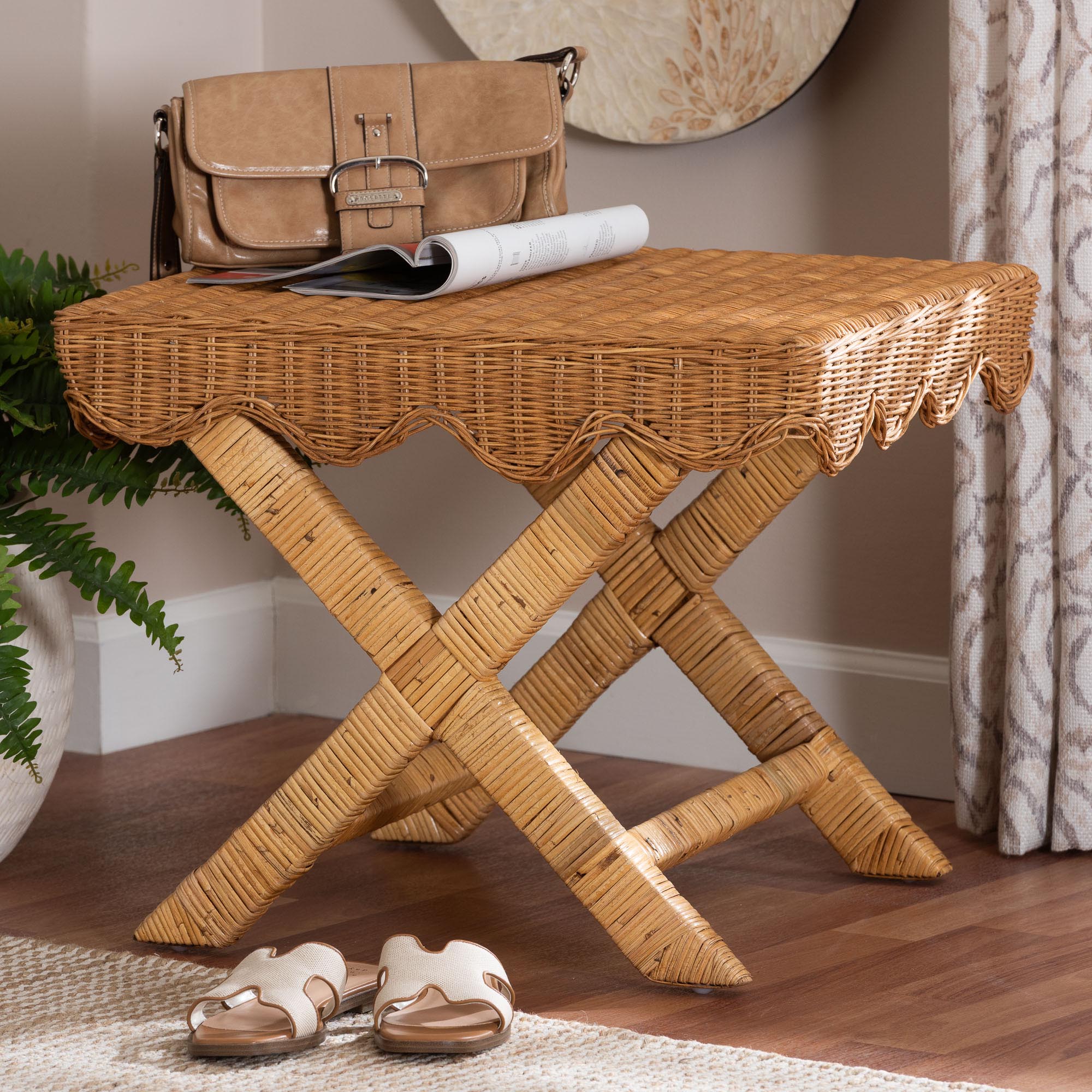 Modesta Natural Rattan Accent Bench - Handwoven Wicker Seating with Scalloped Apron and X-Frame Base, Coastal Boho Entryway or Bedroom Seating