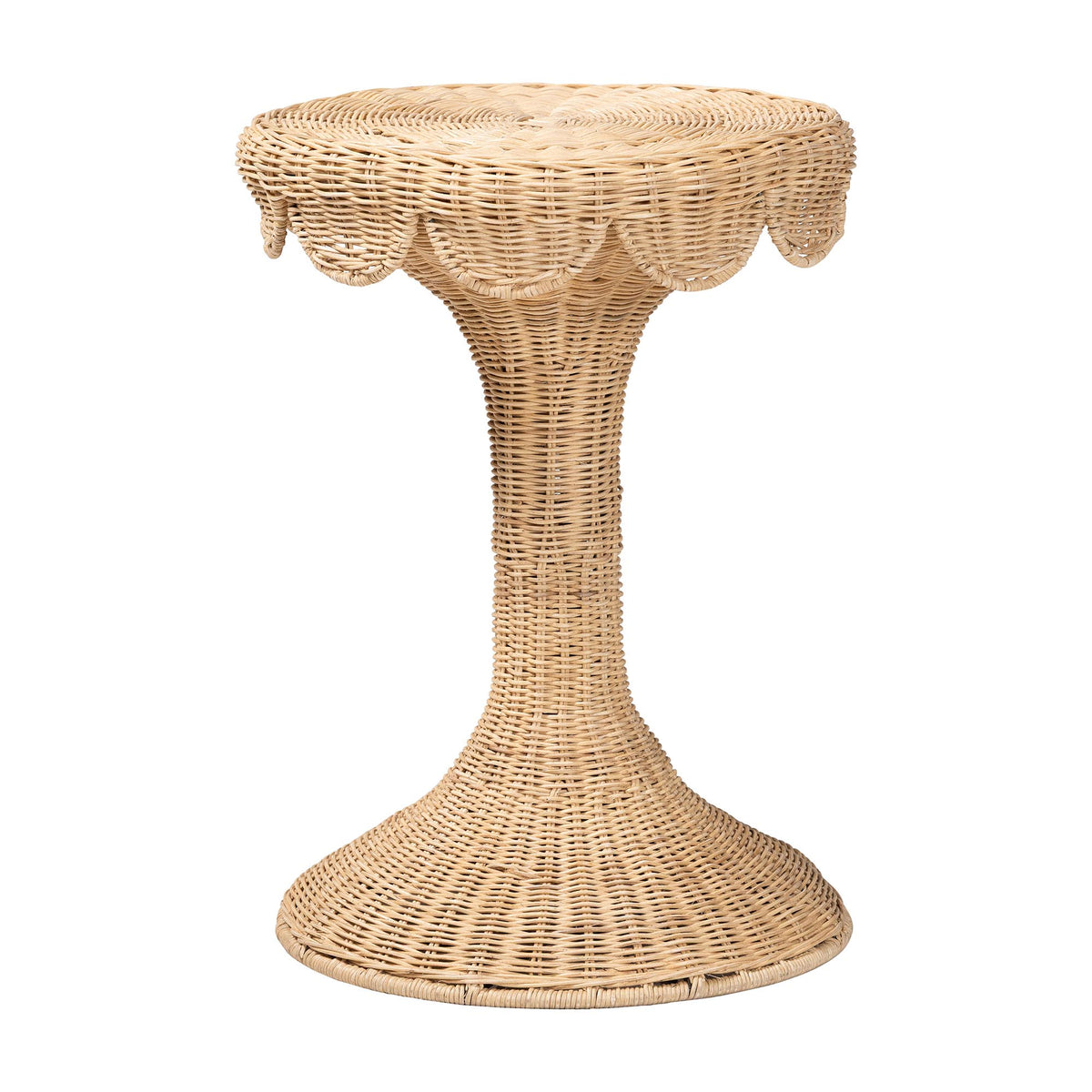 Natala Rattan End Table - Handwoven Wicker Tulip Accent Table, Scalloped Edge Side Table for Living Room