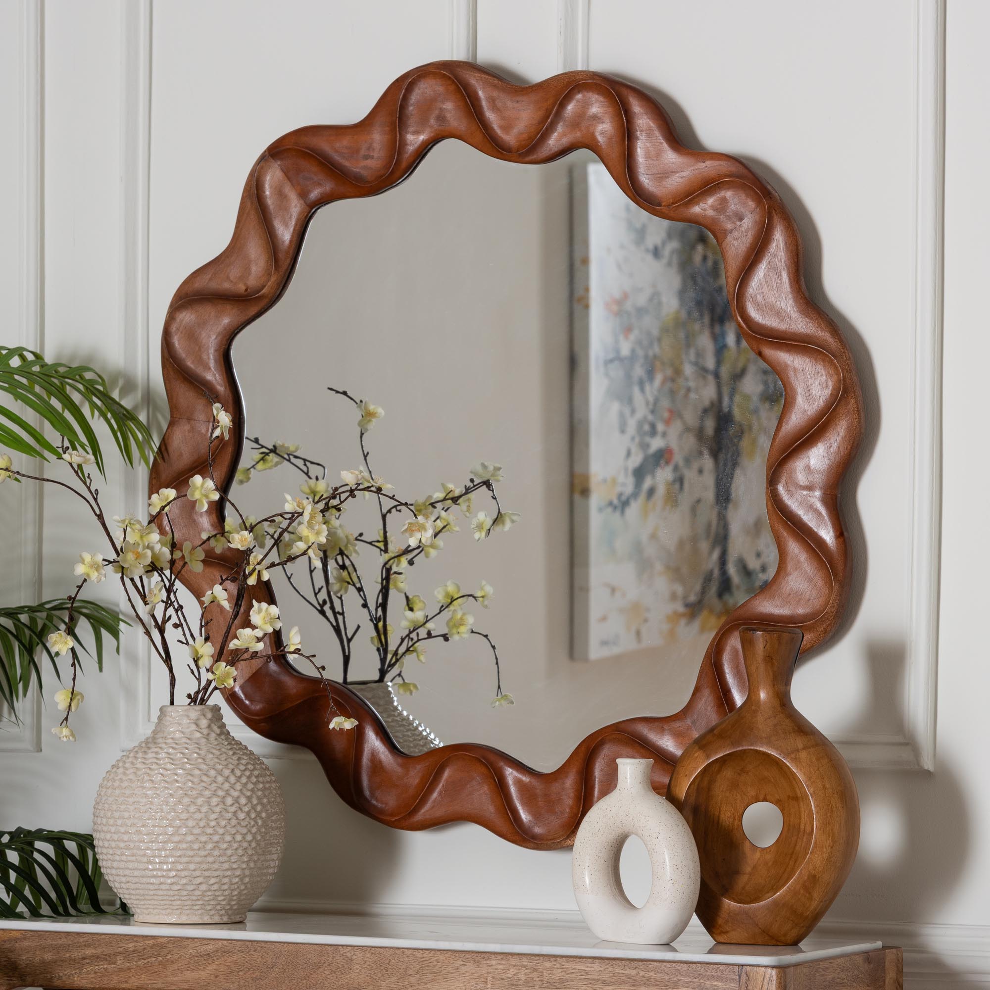 Bahati Round Wall Mirror with Sculpted Wavy Frame - Decorative Accent Mirror for Entryway, Bedroom, or Living Room