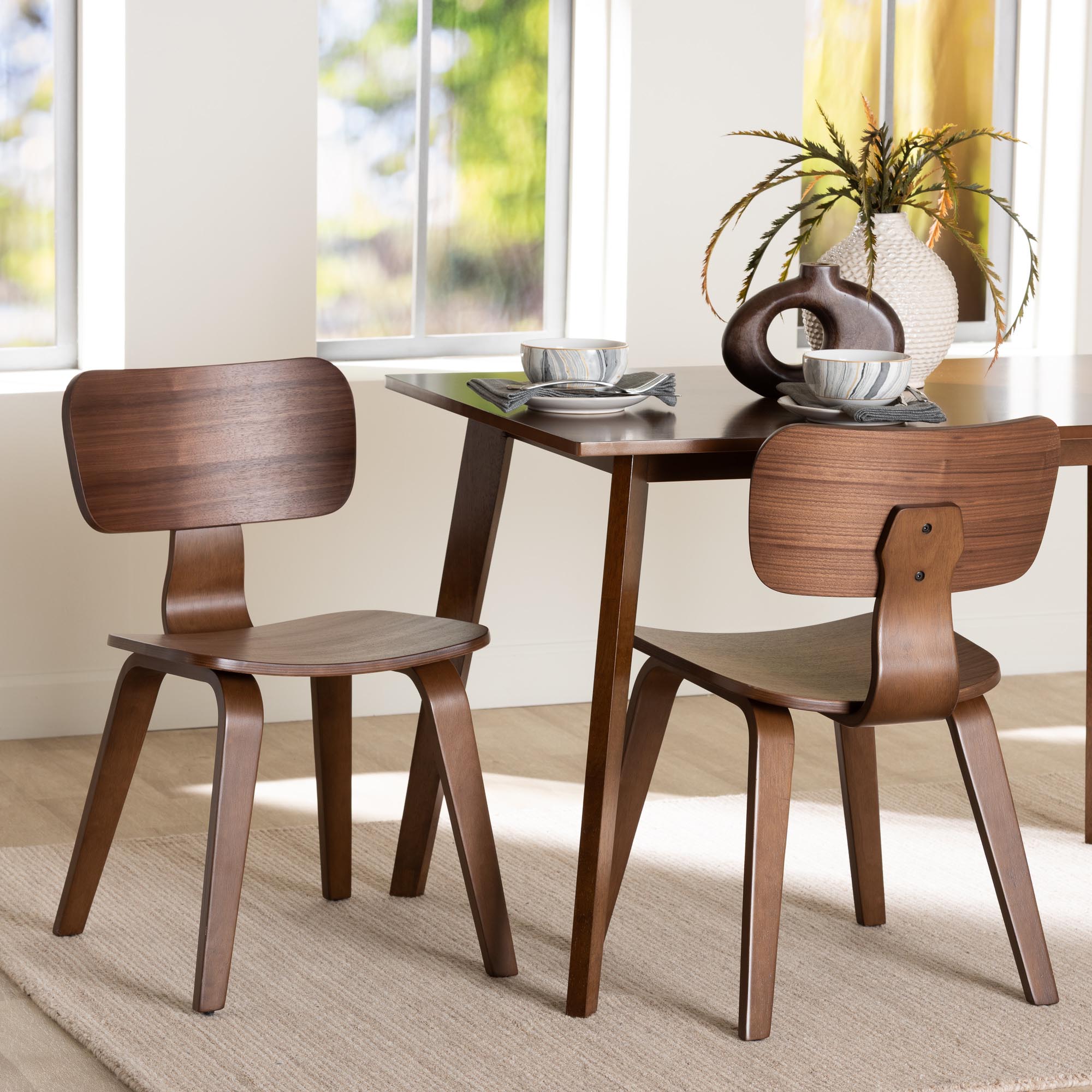 Billie Wood 2-Piece Dining Chair Set - Bentwood Frame Seating with Contoured Seat and Backrest, Mid-Century Style Side Chair for Dining Room or Kitchen