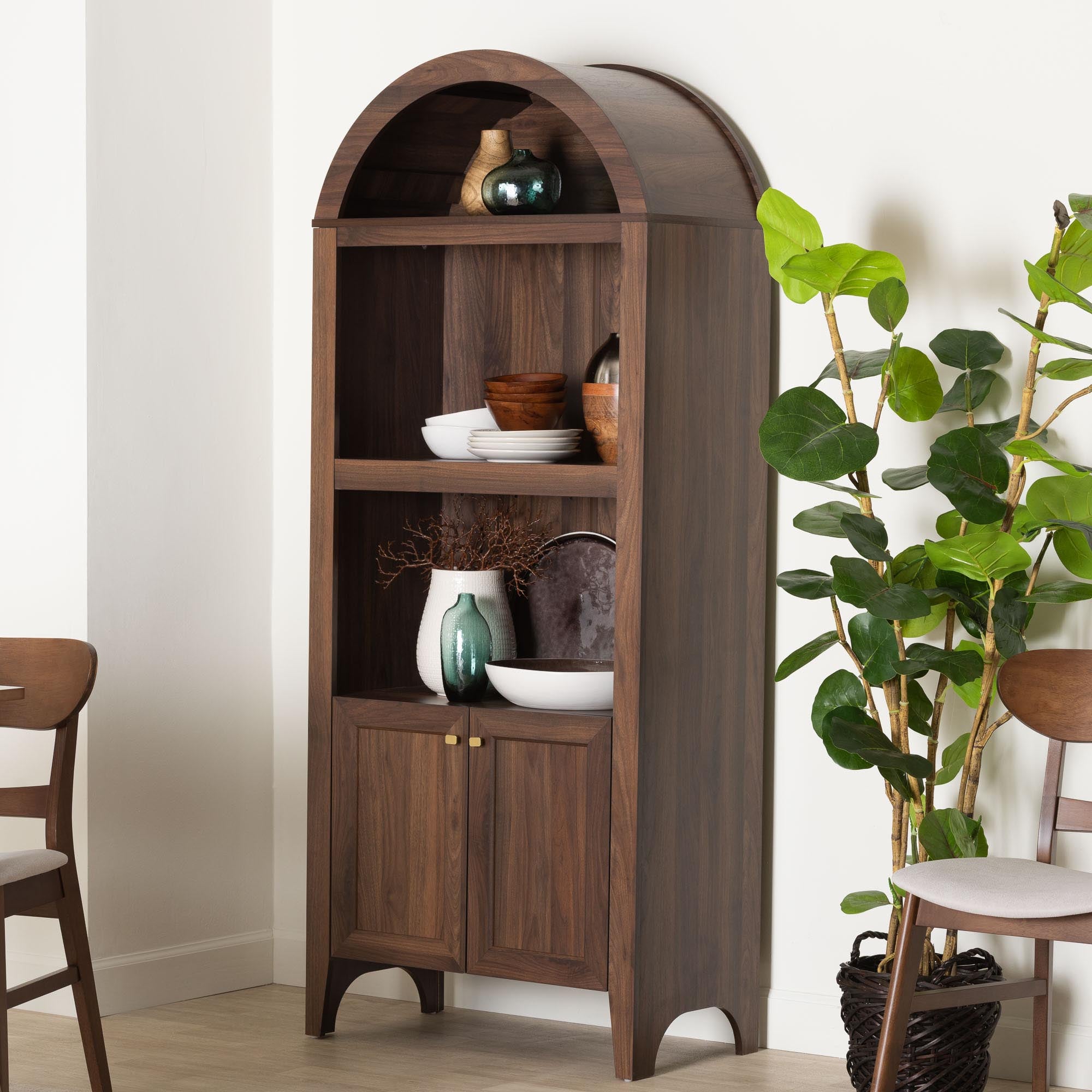 HaYes Wood Cabinet with Arch Top - Mid-Century Modern Display Piece with Soft-Close Doors for Living Room or Hallway