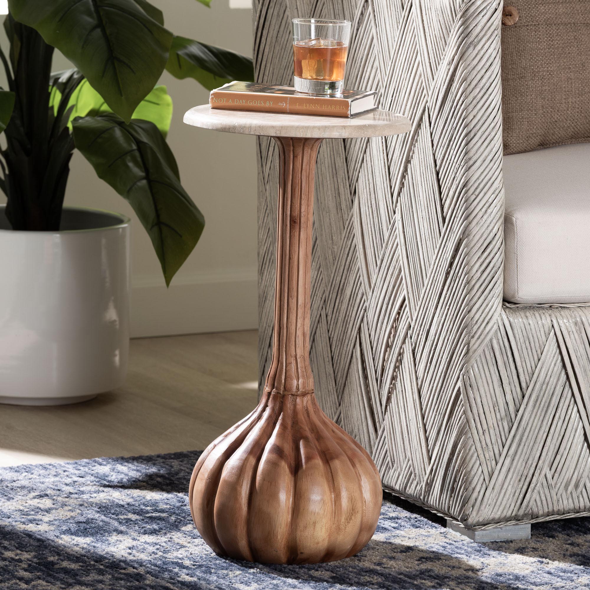 Usama End Table with Marble Stone Top - Sculpted Pedestal Accent Side Table for Living Room or Entryway
