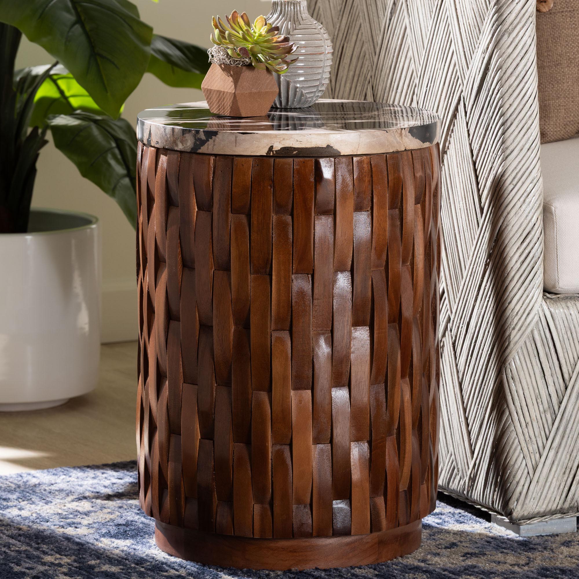 Lavanya End Table with Petrified Wood Top - Drum Accent Side Table with Recycled Teak Wood Frame for Living Room or Entryway