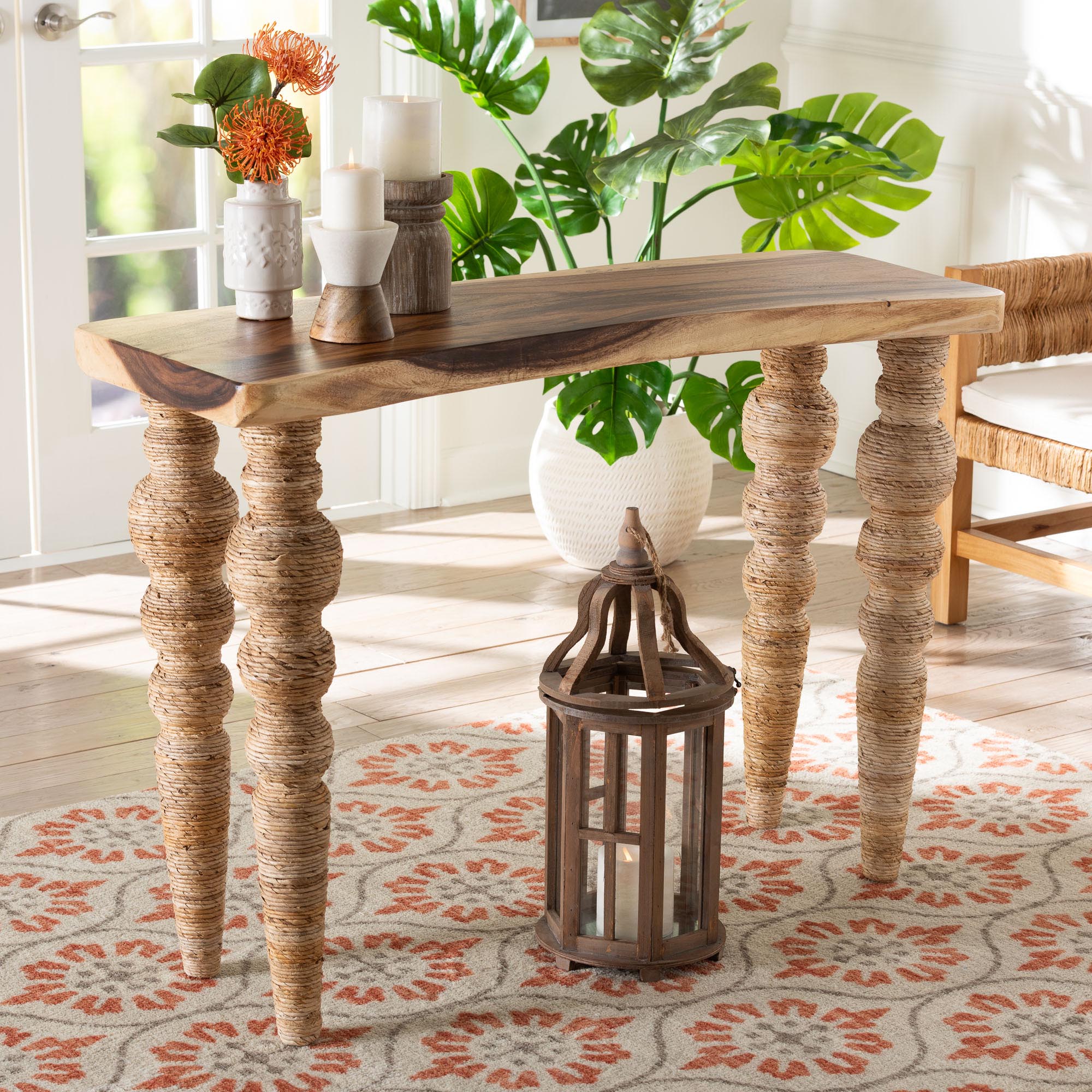 Nasnan Teak Wood Console Table with Seagrass and Bobbin Legs - Sculptural Narrow Entryway Table with Hand-wrapped Turned Legs for Hallway, Living Room, or Walkway