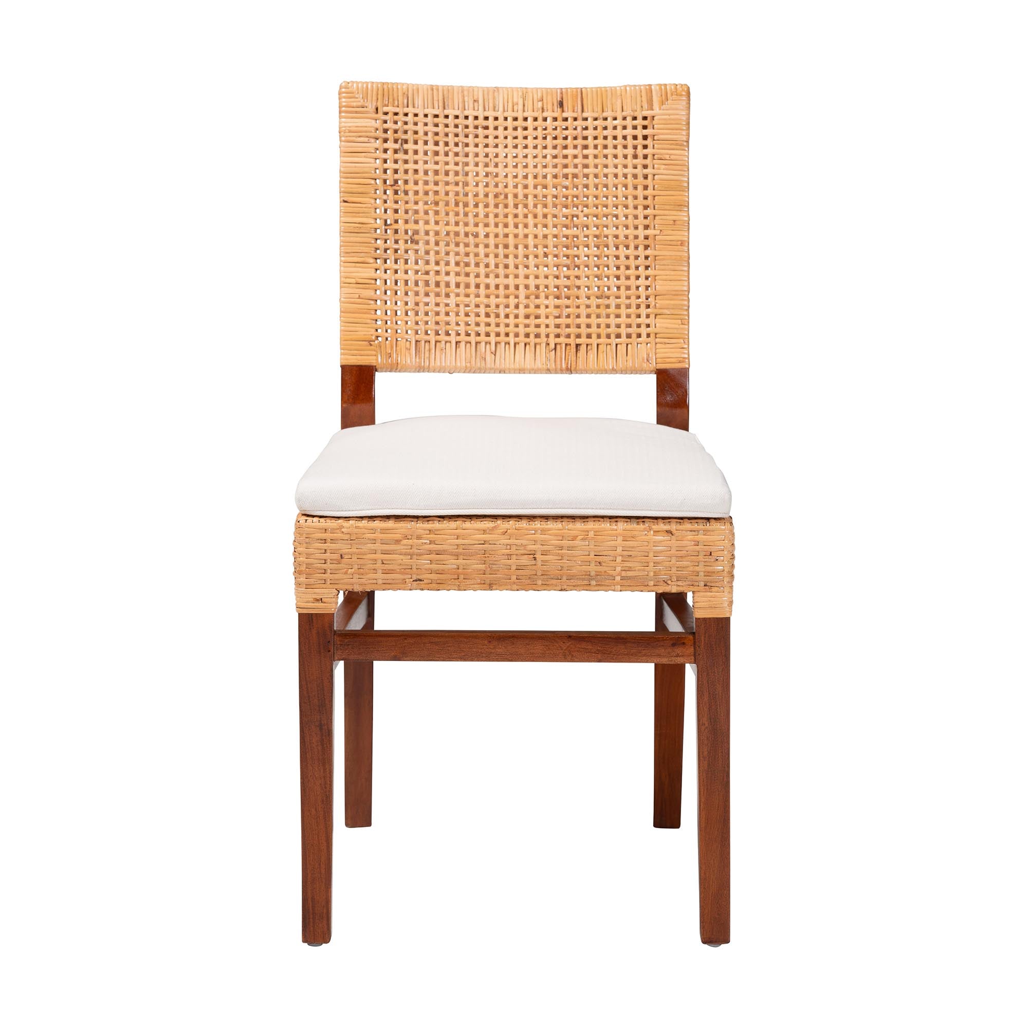 bali & pari Lesia Natural Rattan Dining Chair with Cushion - Handwoven Wicker Side Chair with Mahogany Wood Frame, Coastal Boho Style Seating for Kitchen or Dining Room