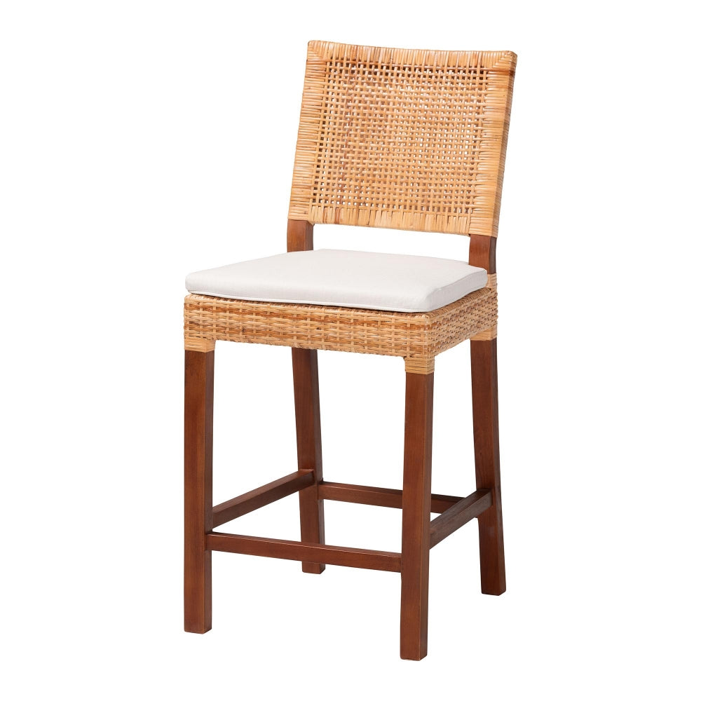Lesia Natural Rattan Counter Stool with Cushion - Handwoven Wicker Stool with Mahogany Wood Frame, Coastal Boho Style for Kitchen Island or Bar Seating