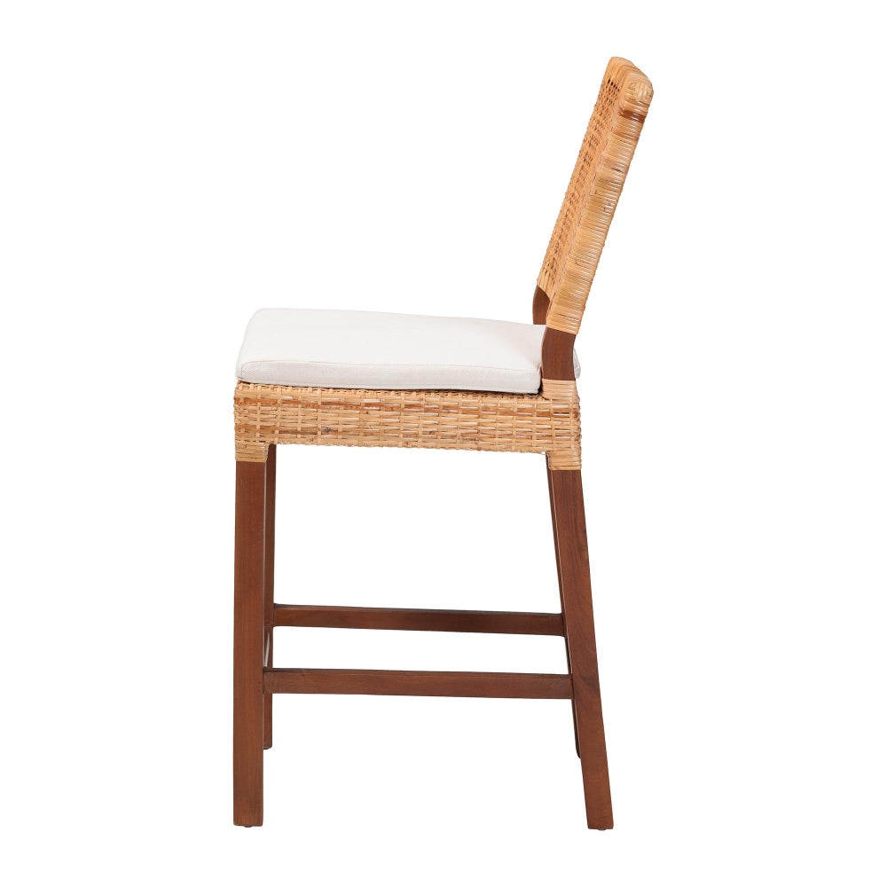 Lesia Natural Rattan Counter Stool with Cushion - Handwoven Wicker Stool with Mahogany Wood Frame, Coastal Boho Style for Kitchen Island or Bar Seating