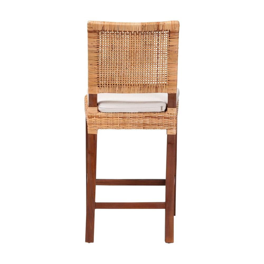 Lesia Natural Rattan Counter Stool with Cushion - Handwoven Wicker Stool with Mahogany Wood Frame, Coastal Boho Style for Kitchen Island or Bar Seating