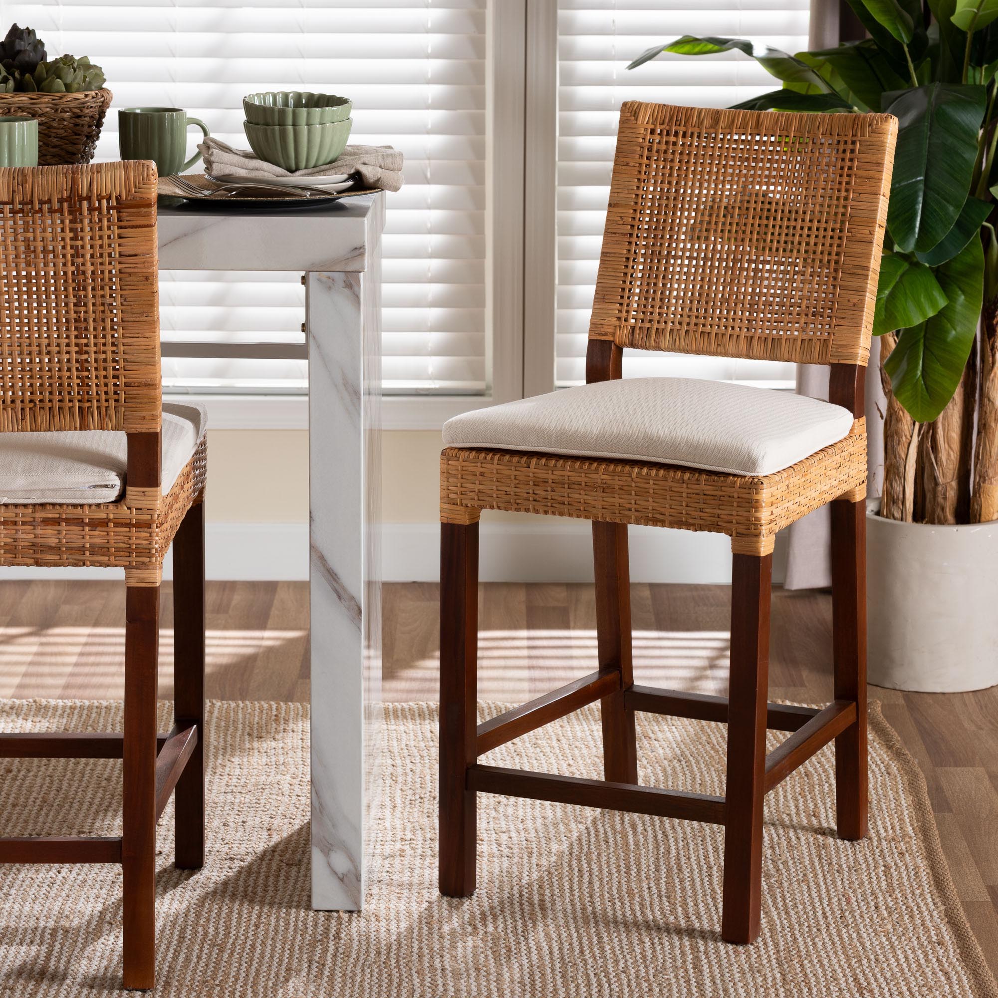 Lesia Natural Rattan Counter Stool with Cushion - Handwoven Wicker Stool with Mahogany Wood Frame, Coastal Boho Style for Kitchen Island or Bar Seating