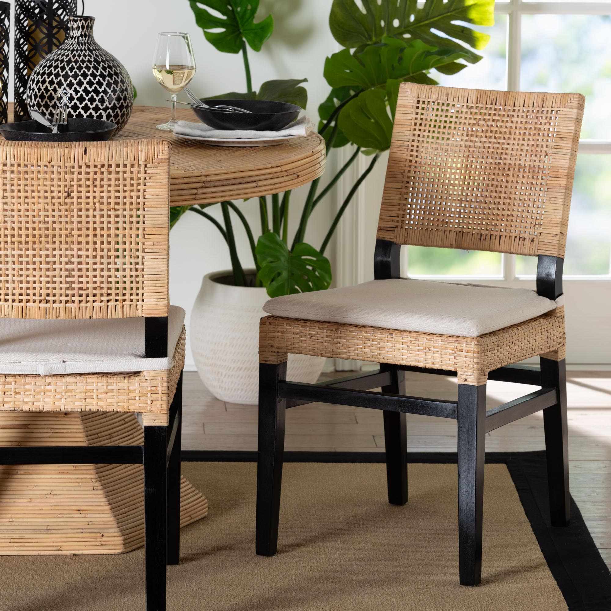 Lesia Natural Rattan Dining Chair with Cushion - Handwoven Wicker Side Chair with Mahogany Wood Frame, Coastal Boho Style Seating for Kitchen or Dining Room, Espresso Brown
