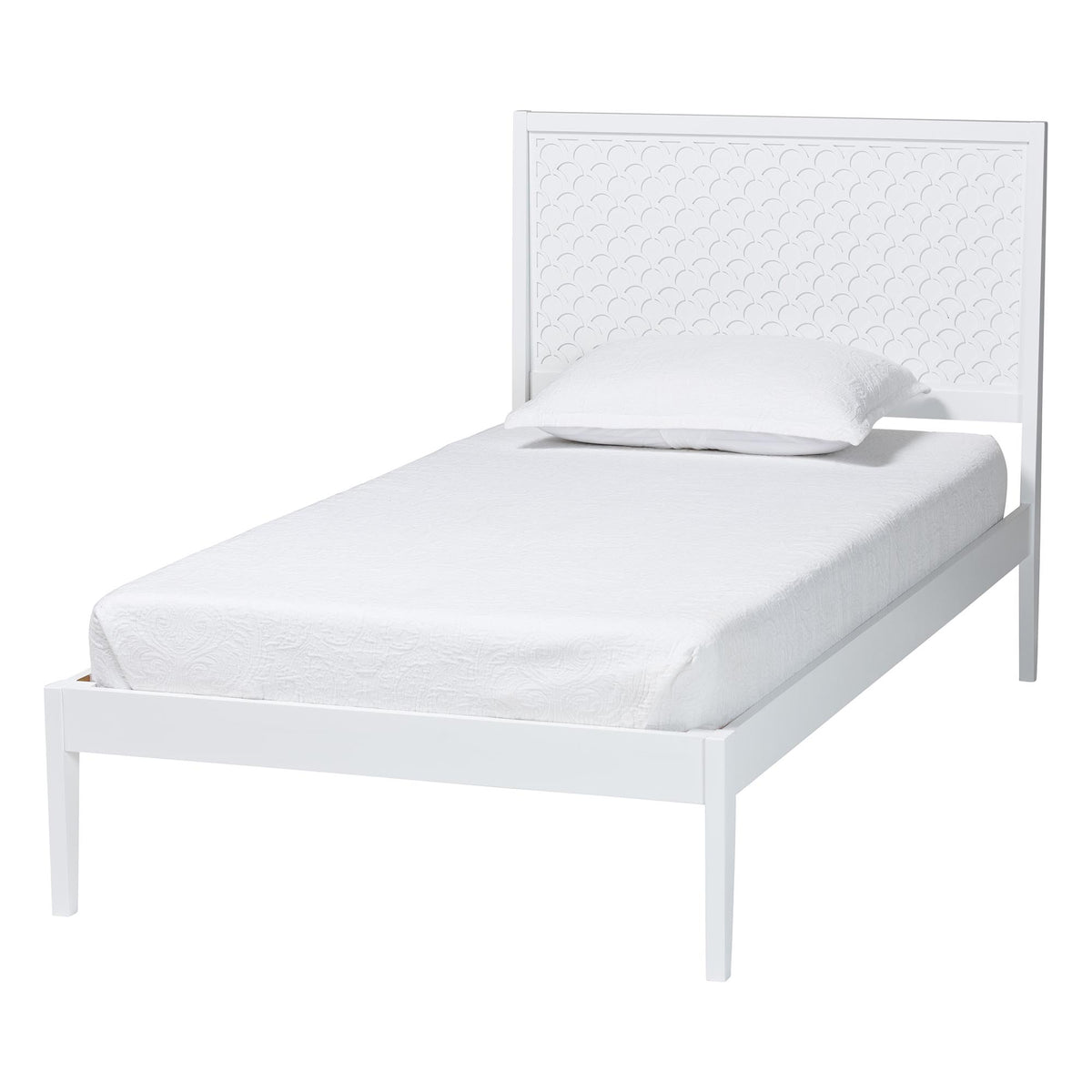 Lara Twin Platform Bed - Modern Wood Bed Frame with Laser-Cut Decorative Headboard Overlay, White
