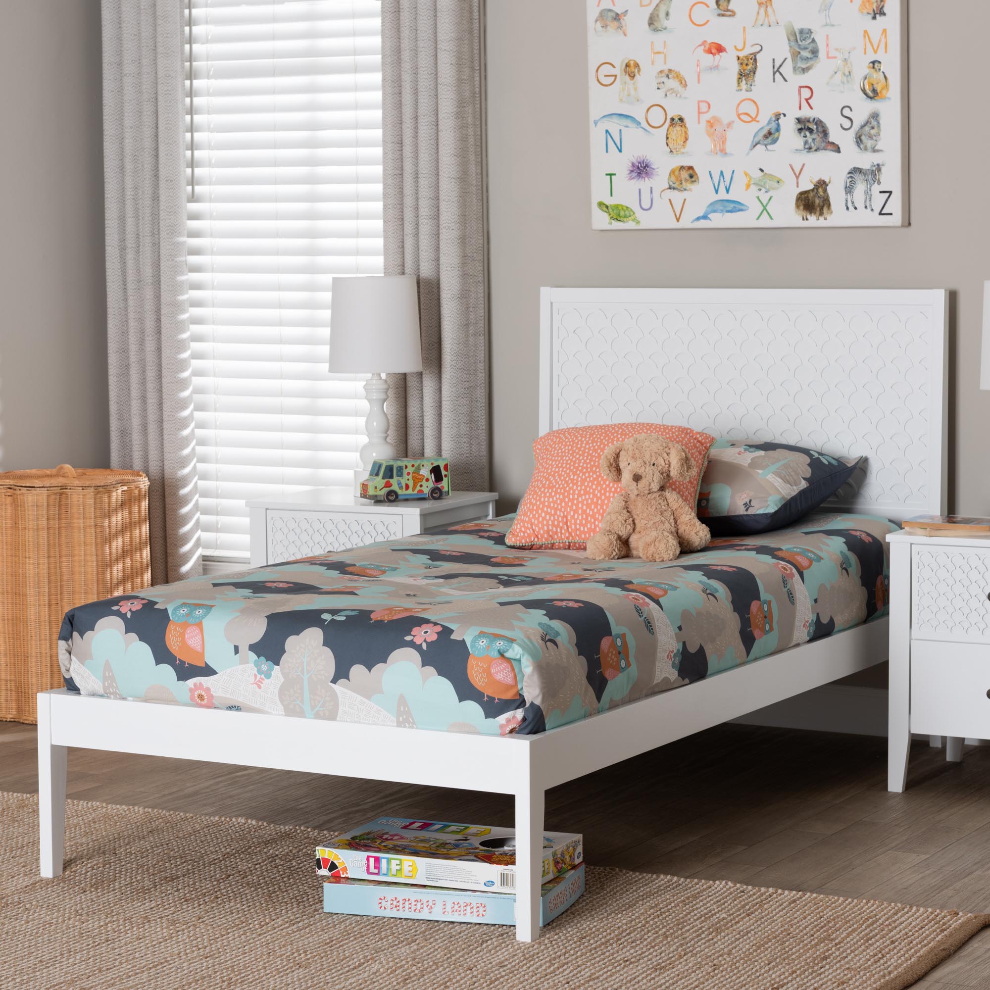Lara Twin Platform Bed - Modern Wood Bed Frame with Laser-Cut Decorative Headboard Overlay, White
