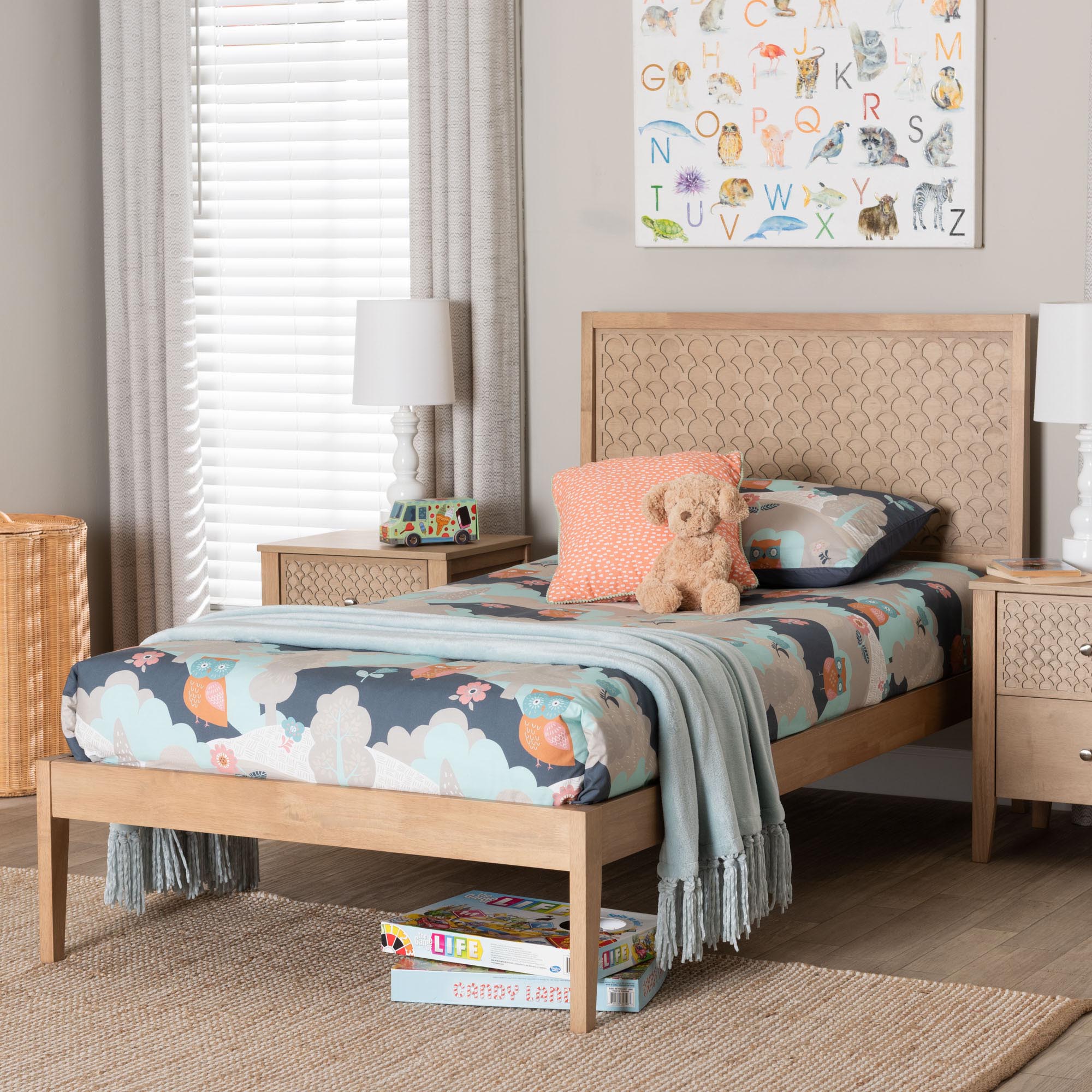 Lara Twin Platform Bed - Modern Wood Bed Frame with Laser-Cut Decorative Headboard Overlay, Oak Brown