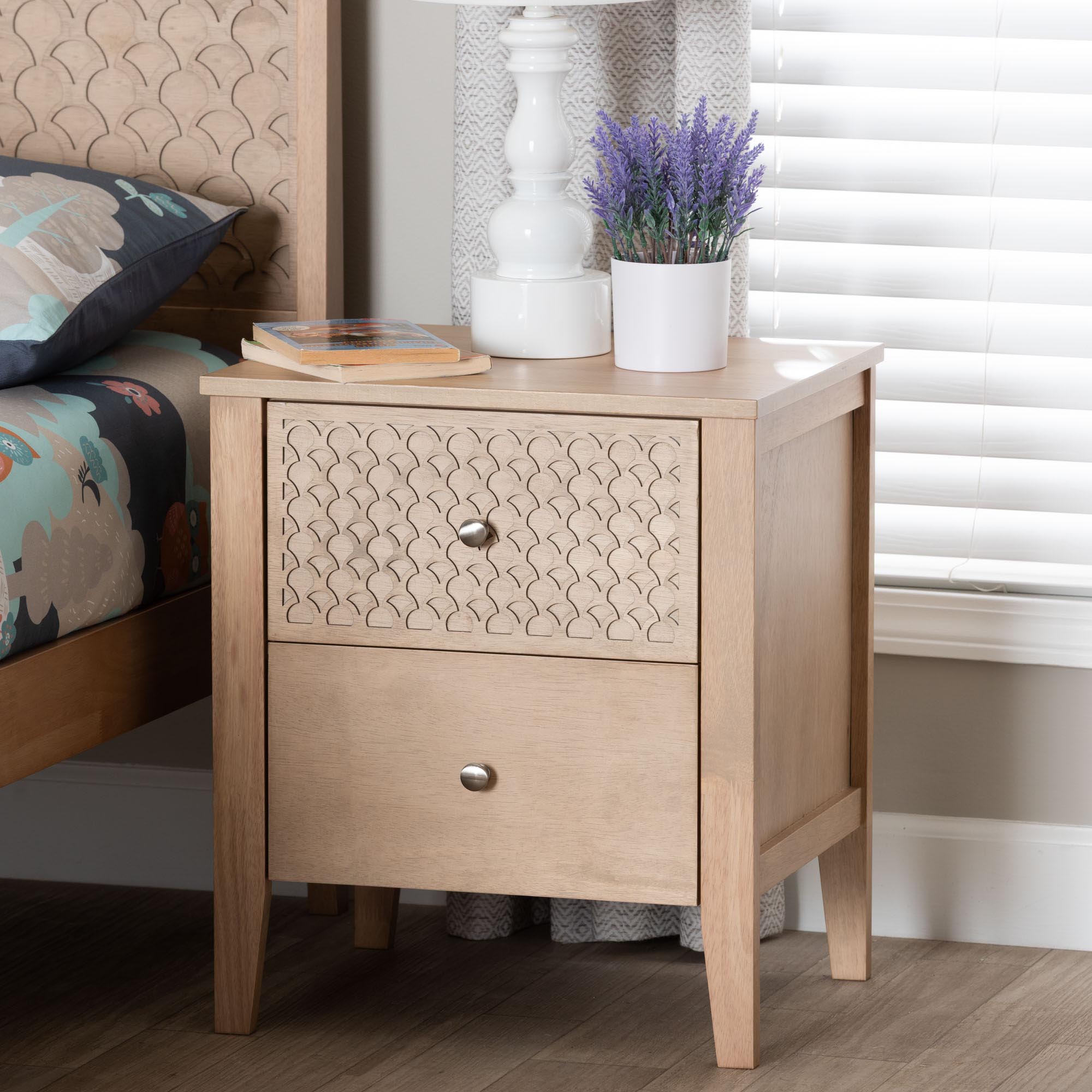 Lara Nightstand - 2-Drawer Bedside Table with Laser-Cut Geometric Overlay for Bedroom or Guest Room, Oak Brown