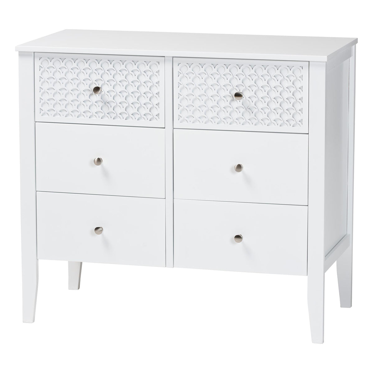 Lara Dresser - 6-Drawer Bedroom Storage Chest with Laser-Cut Geometric Overlay for Clothing and Organization, White