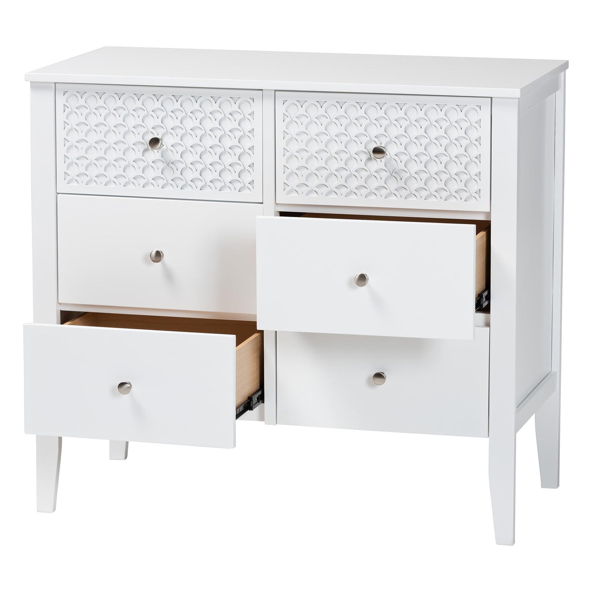 Lara Dresser - 6-Drawer Bedroom Storage Chest with Laser-Cut Geometric Overlay for Clothing and Organization, White