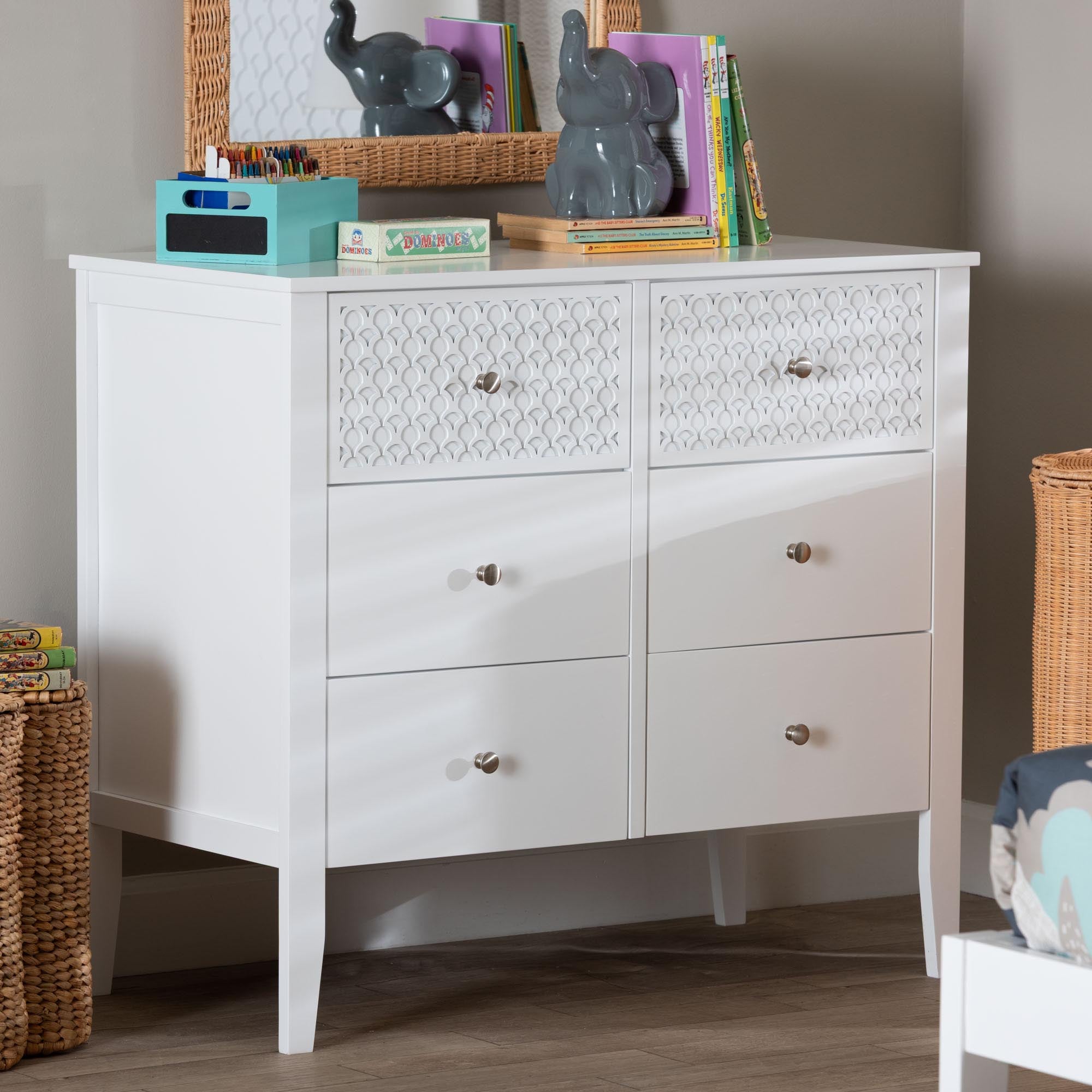 Lara Dresser - 6-Drawer Bedroom Storage Chest with Laser-Cut Geometric Overlay for Clothing and Organization, White