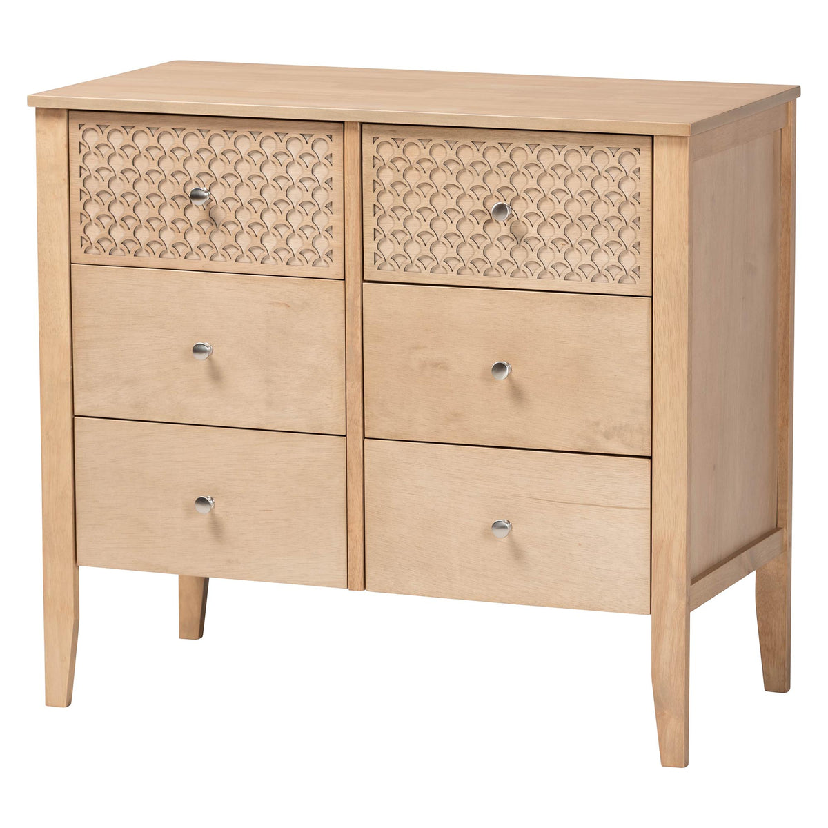 Lara Dresser - 6-Drawer Bedroom Storage Chest with Laser-Cut Geometric Overlay for Clothing and Organization, Oak Brown