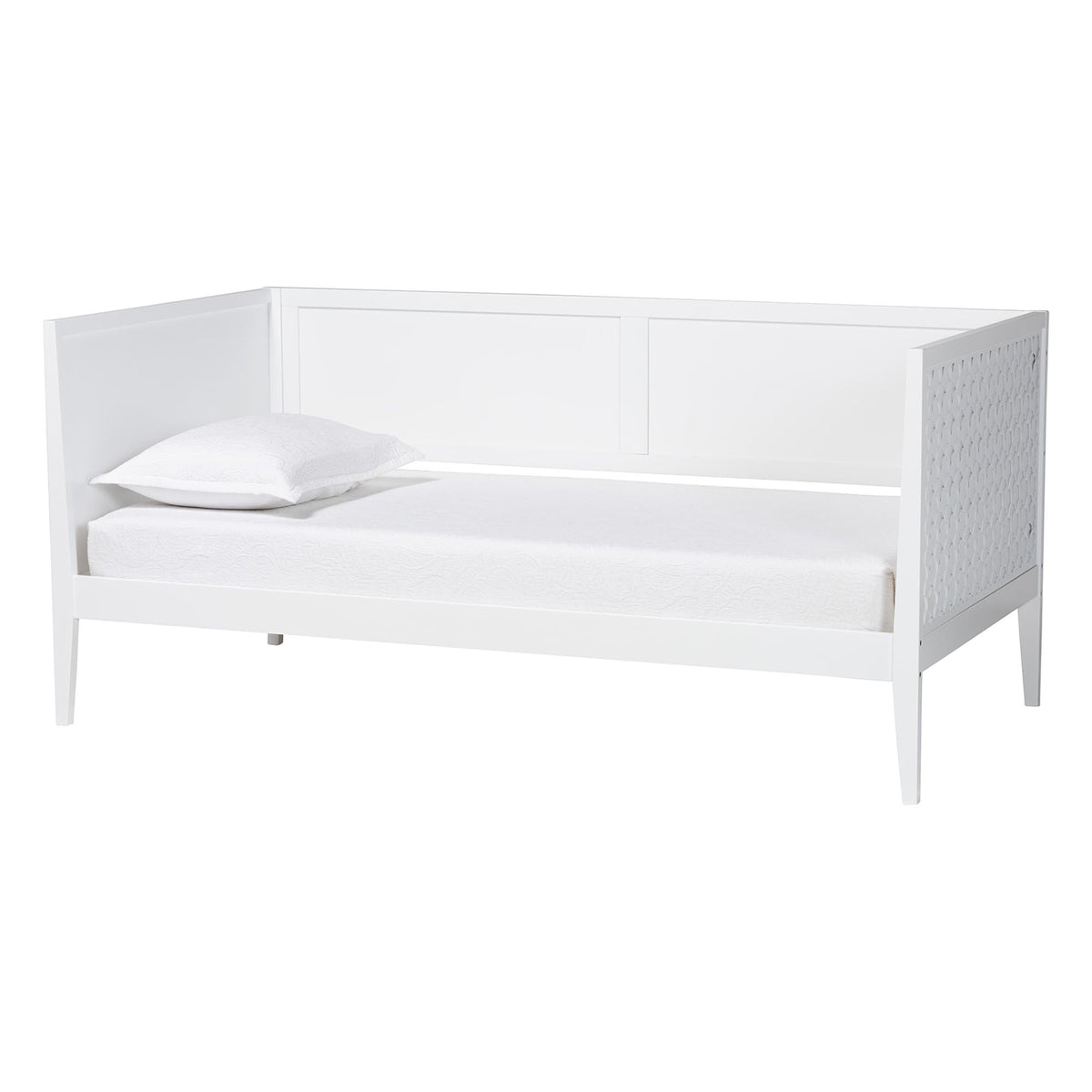 Lara Twin Daybed - Modern Wood Bed Frame with Wraparound Laser-Cut Decorative Headboard Overlay, White