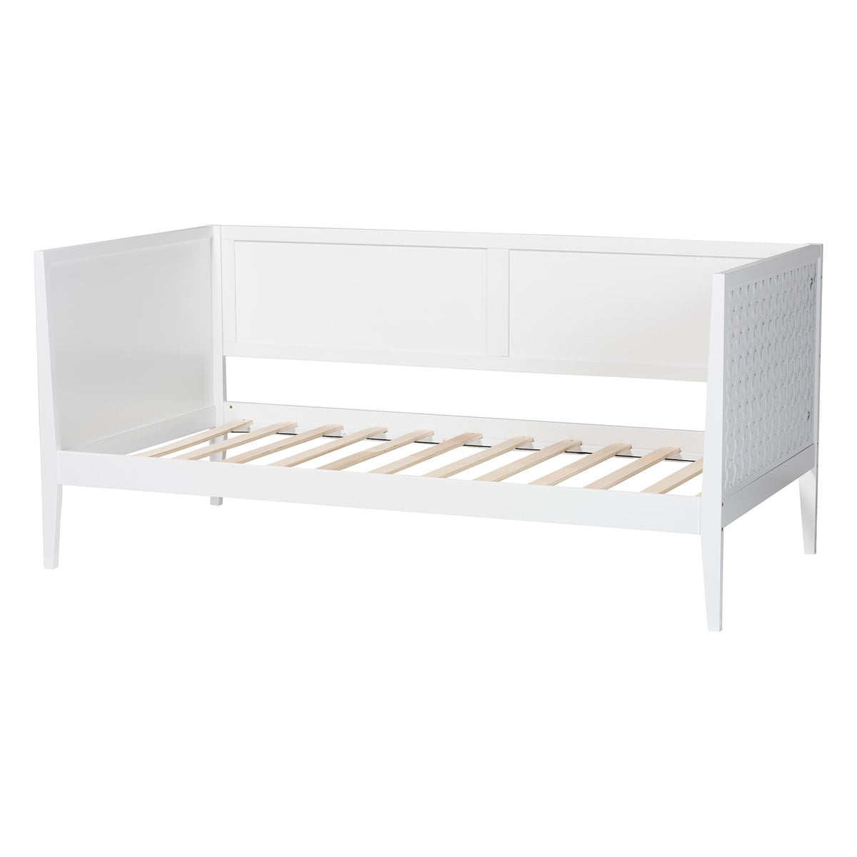 Lara Twin Daybed - Modern Wood Bed Frame with Wraparound Laser-Cut Decorative Headboard Overlay, White